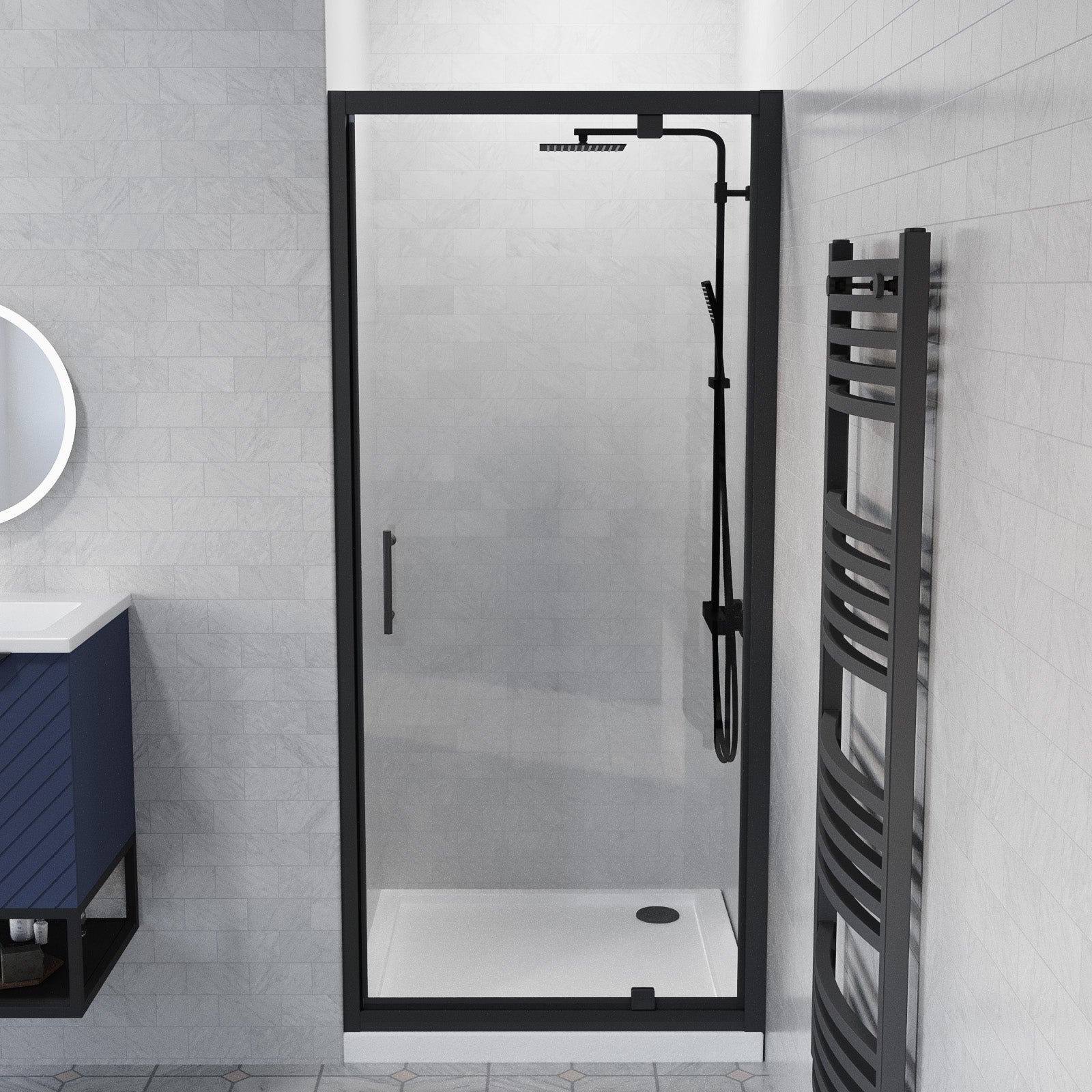 Jupiter 900mm Pivot Shower Door Enclosure Screen 6mm Tempered Glass Matte Black