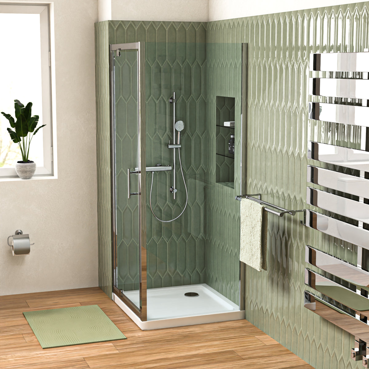Shower Pivot Door 700mm x 1850mm & 700mm Side Panel with Tray and Waste