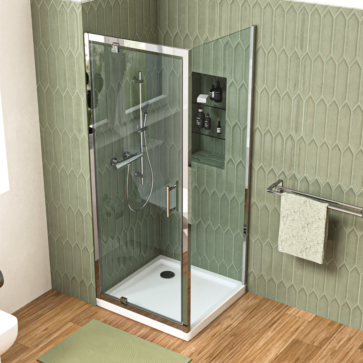 Shower Pivot Door 700mm x 1850mm & 700mm Side Panel with Tray and Waste