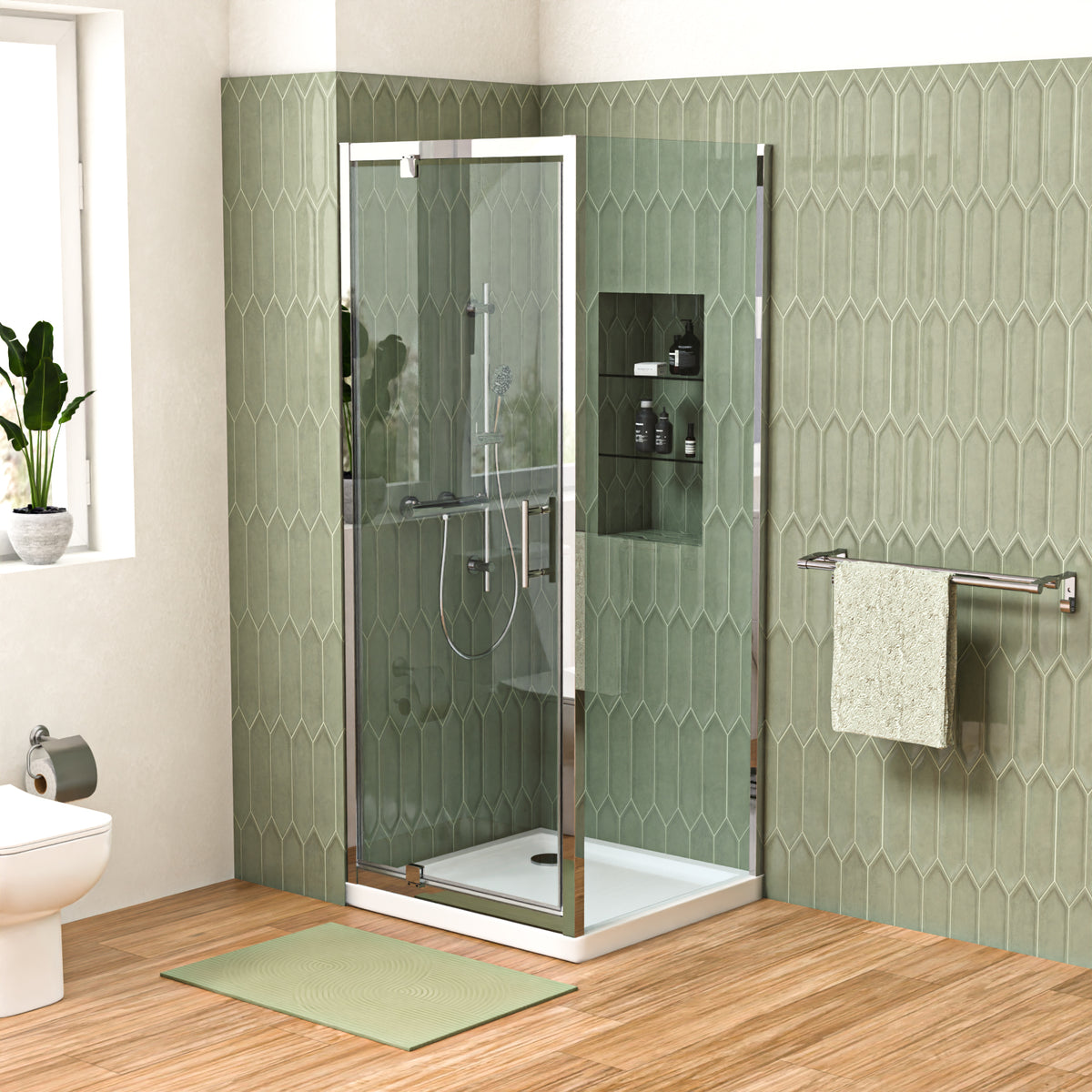 Shower Pivot Door 700mm x 1850mm & 700mm Side Panel with Tray and Waste