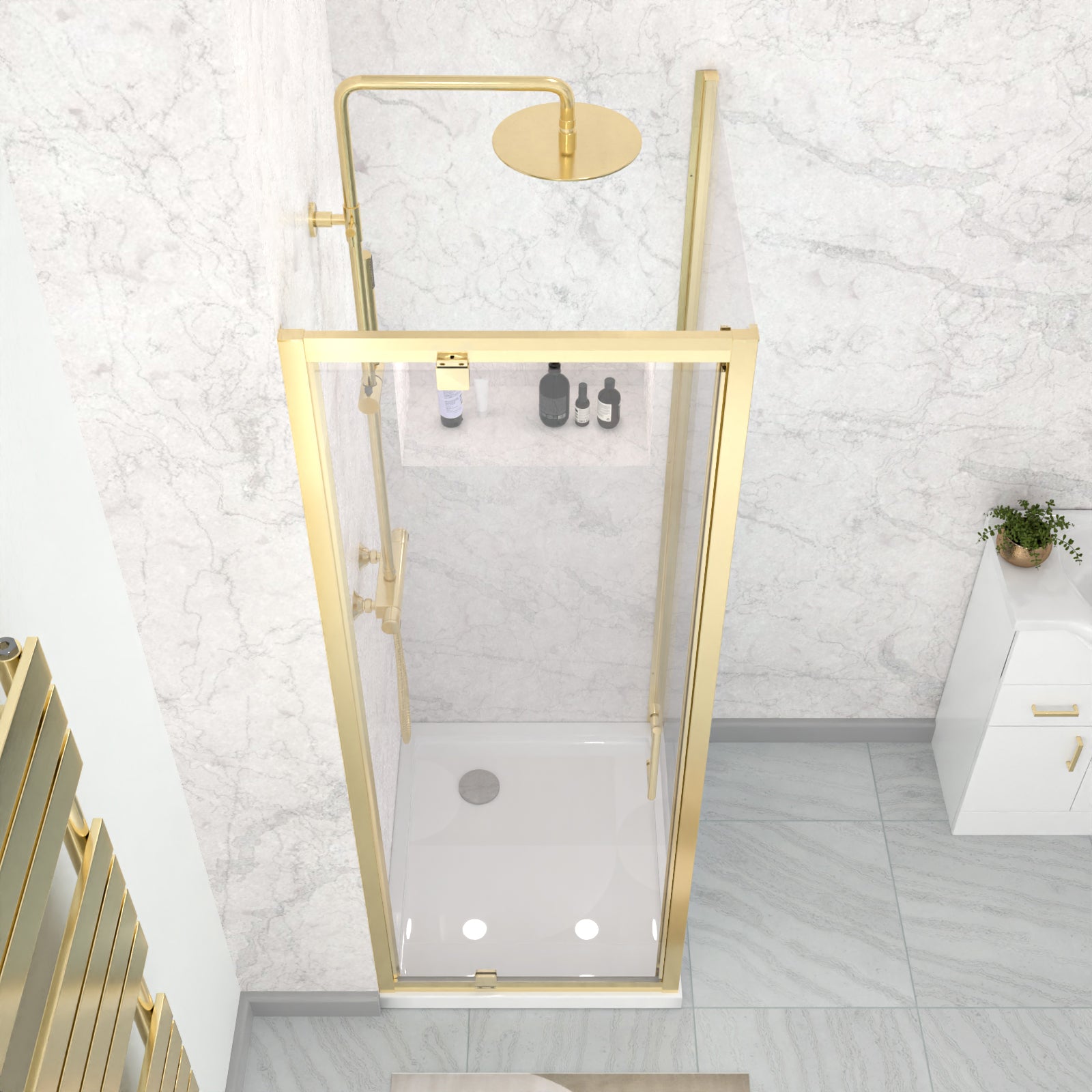 Jupiter 760 x 760mm Brushed Brass Framed Pivot Door Shower Enclosure & Side Panel