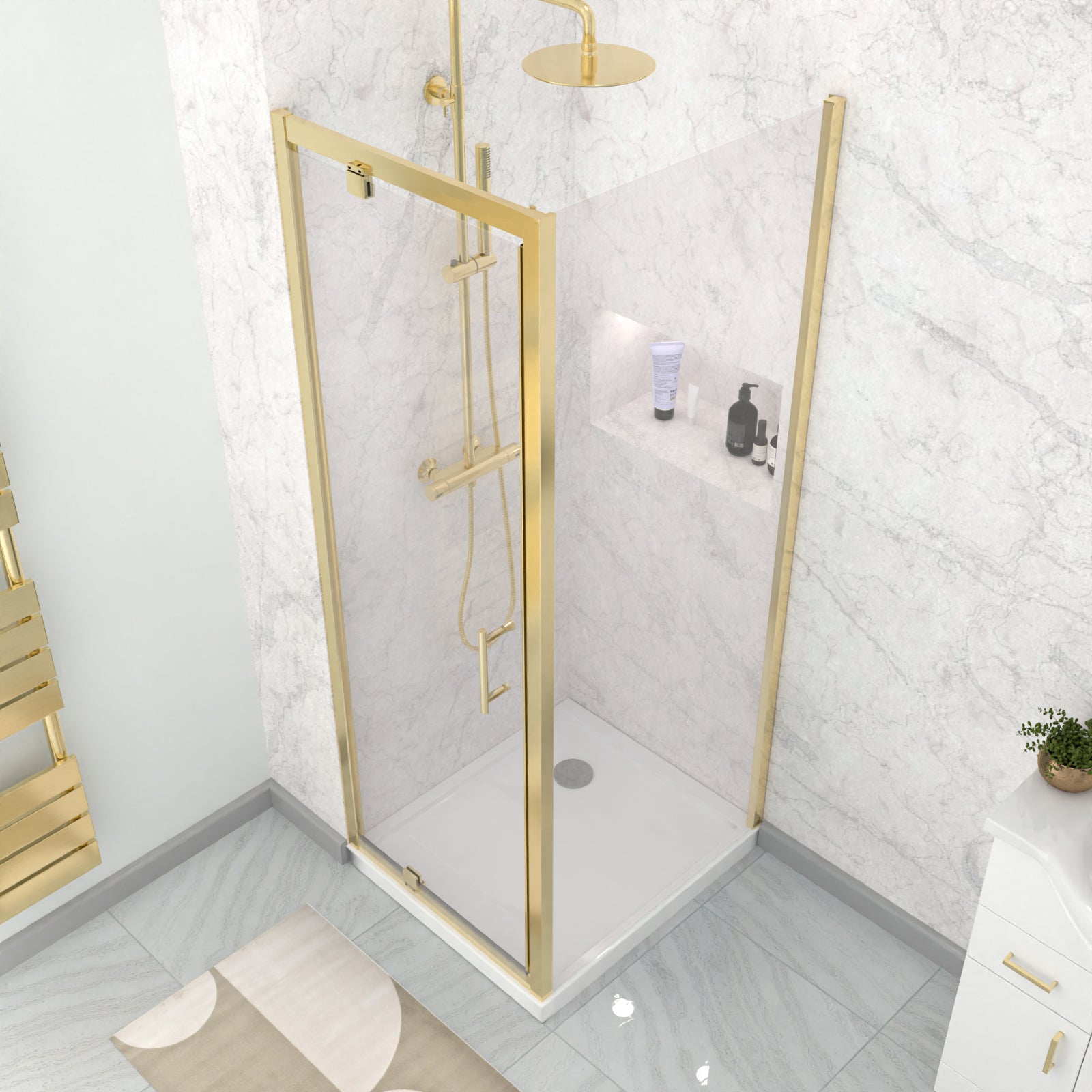 Jupiter 760 x 760mm Brushed Brass Framed Pivot Door Shower Enclosure & Side Panel