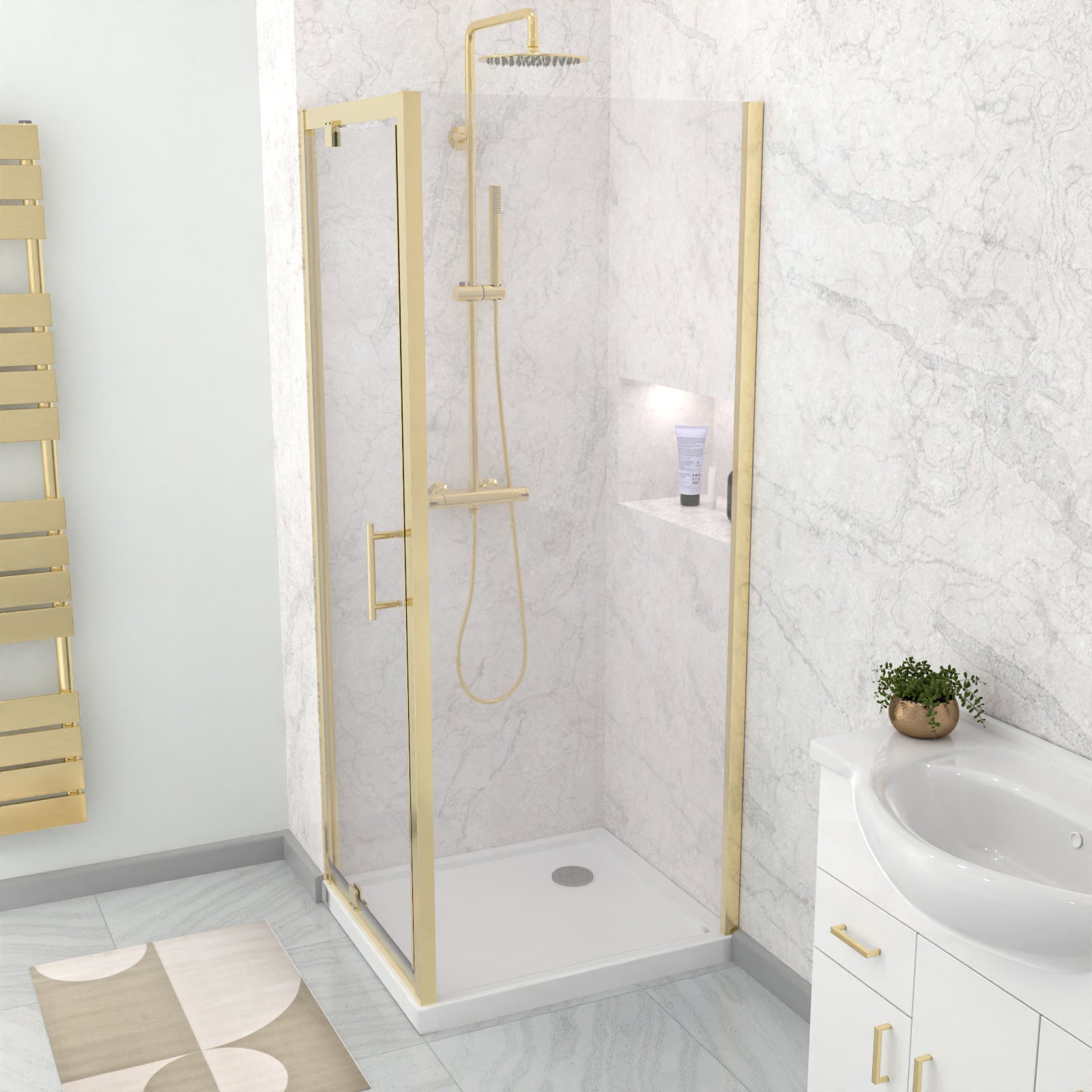 Jupiter 760 x 760mm Brushed Brass Framed Pivot Door Shower Enclosure & Side Panel