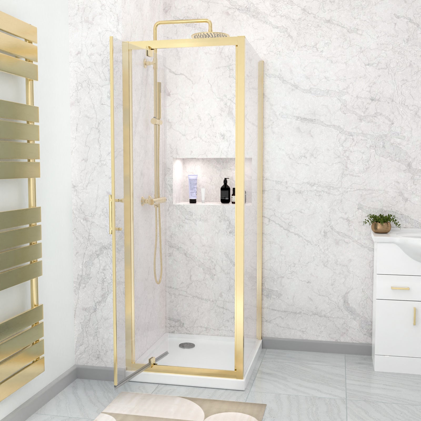 Jupiter 760 x 760mm Brushed Brass Framed Pivot Door Shower Enclosure & Side Panel