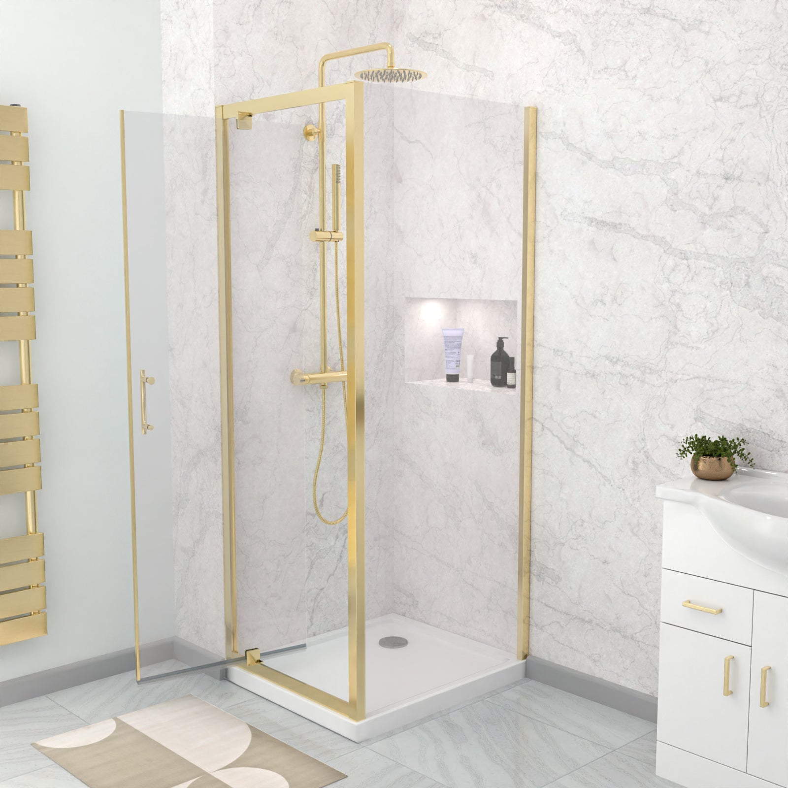 Jupiter 760 x 760mm Brushed Brass Framed Pivot Door Shower Enclosure & Side Panel
