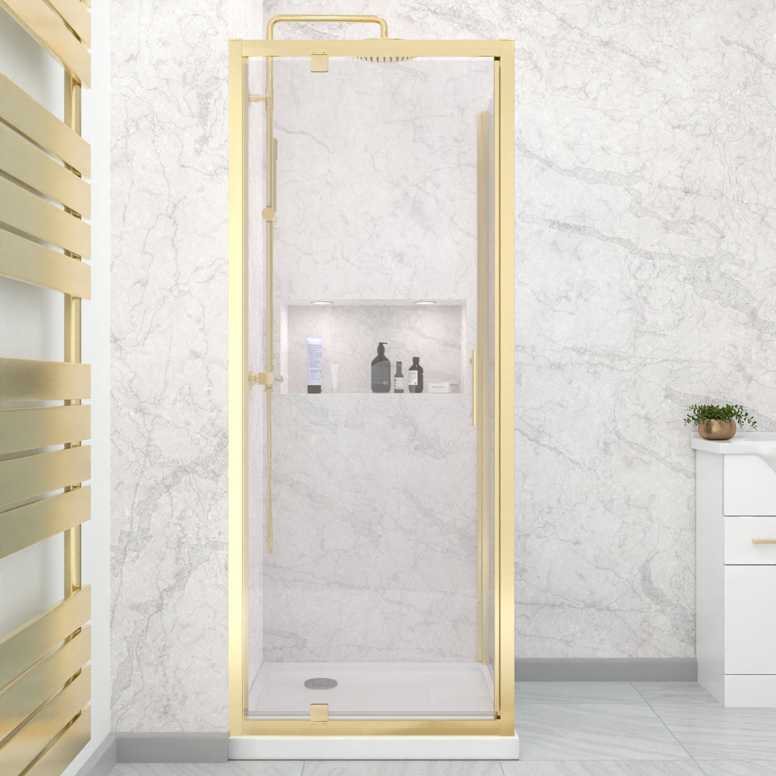 Jupiter 800 x 700mm Pivot Door Shower Enclosure & Side Panel Brushed Brass