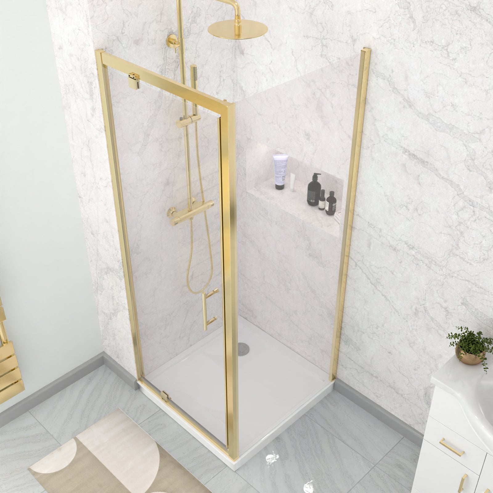 Jupiter 800 x 700mm Pivot Door Shower Enclosure & Side Panel Brushed Brass