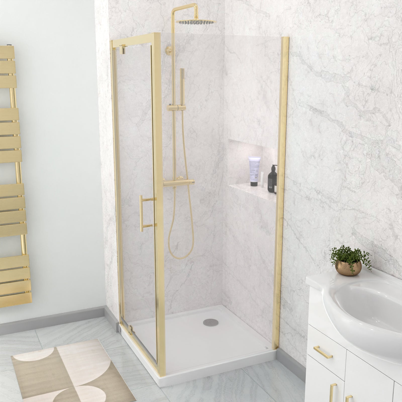 Jupiter 800 x 700mm Pivot Door Shower Enclosure & Side Panel Brushed Brass