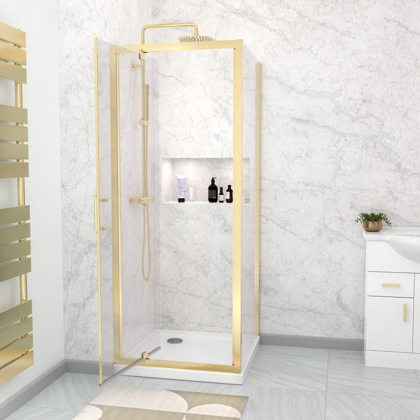 Jupiter 800 x 700mm Pivot Door Shower Enclosure & Side Panel Brushed Brass