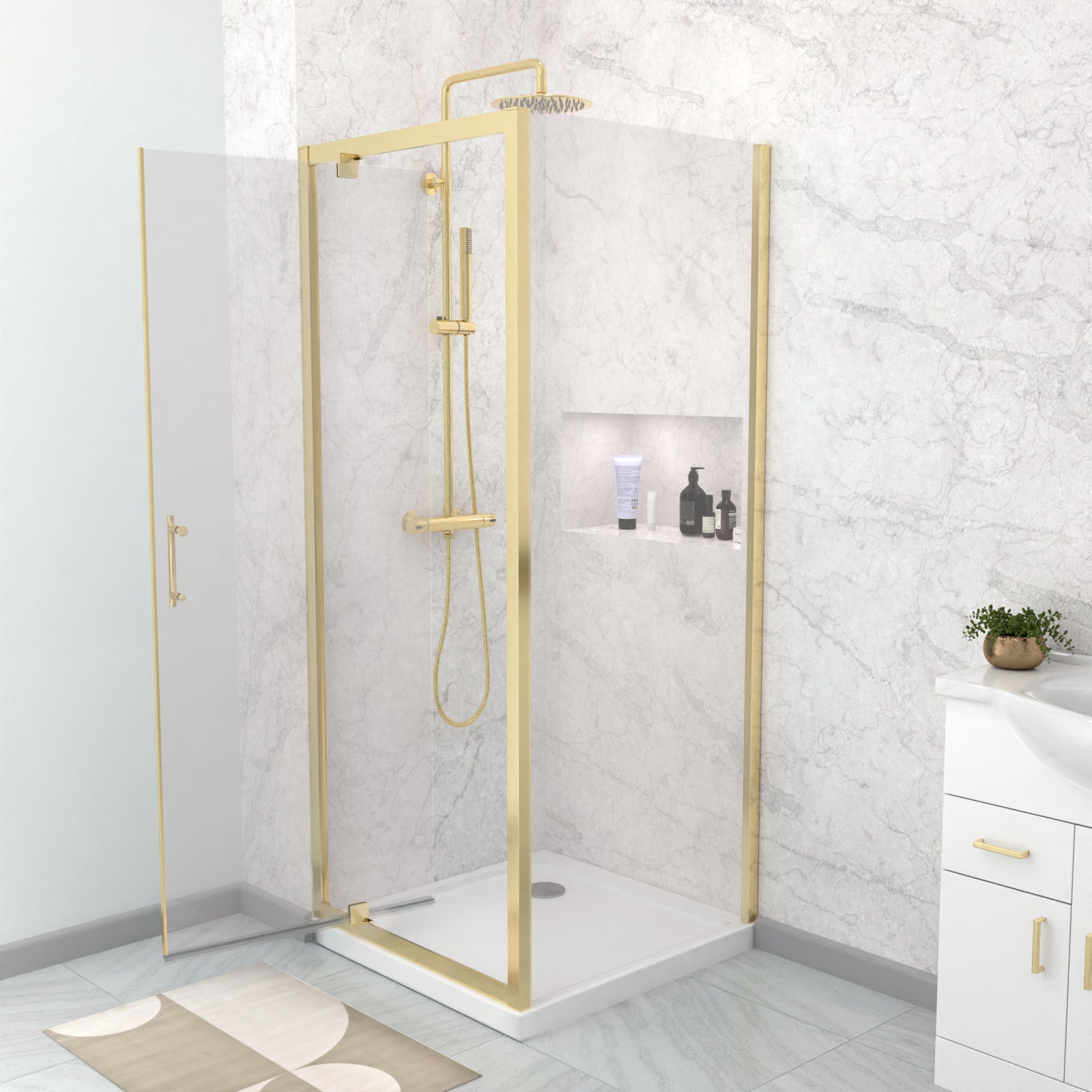 Jupiter 800 x 700mm Pivot Door Shower Enclosure & Side Panel Brushed Brass