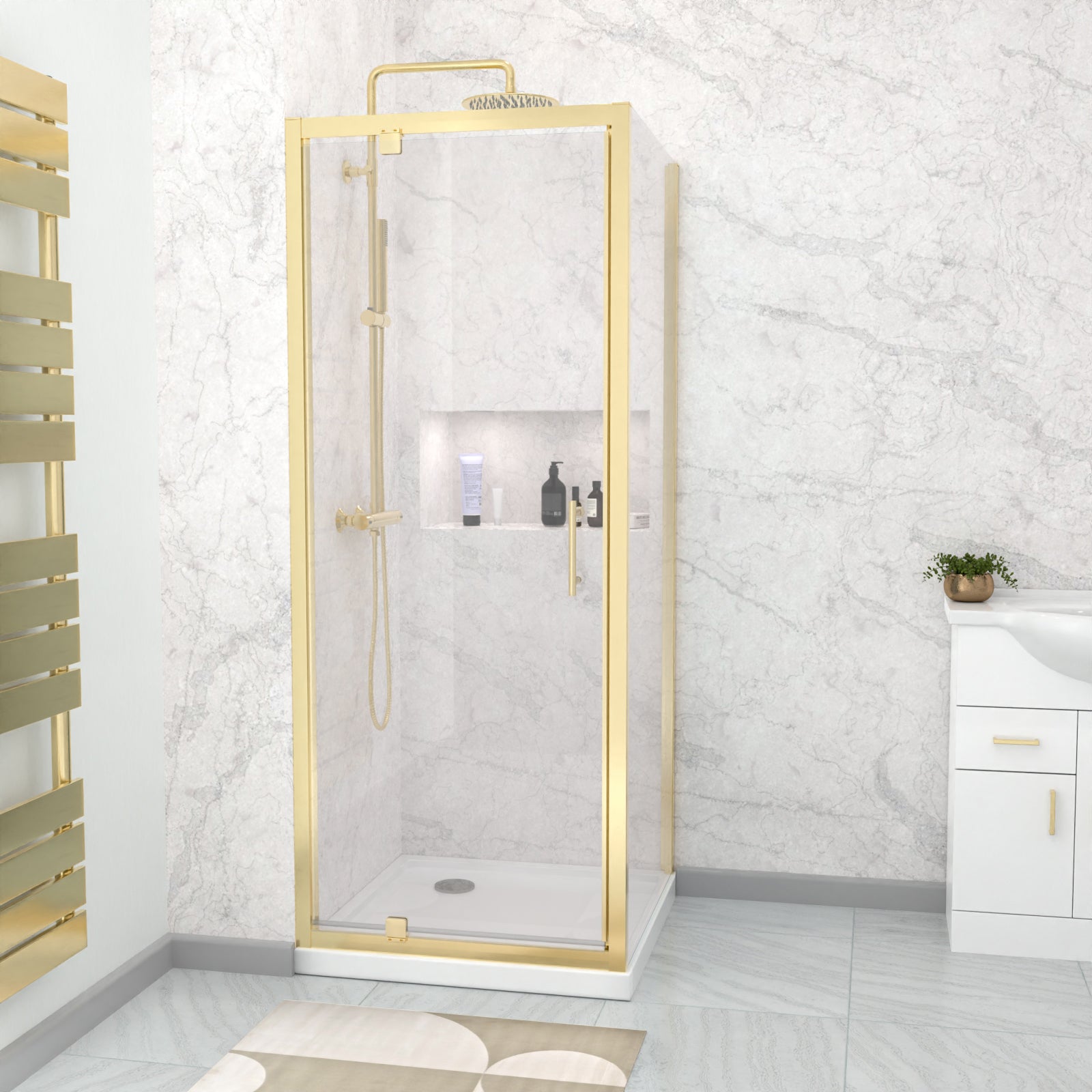 Jupiter 800 x 700mm Pivot Door Shower Enclosure & Side Panel Brushed Brass