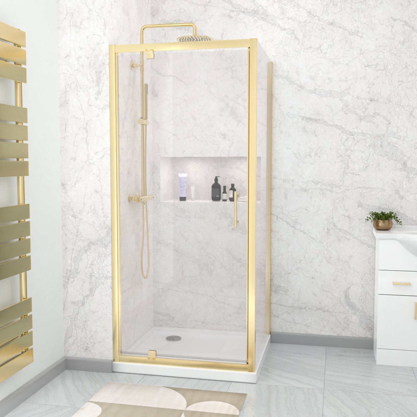 Jupiter 900 x 800mm Pivot Door Shower Enclosure & Side Panel Brushed Brass