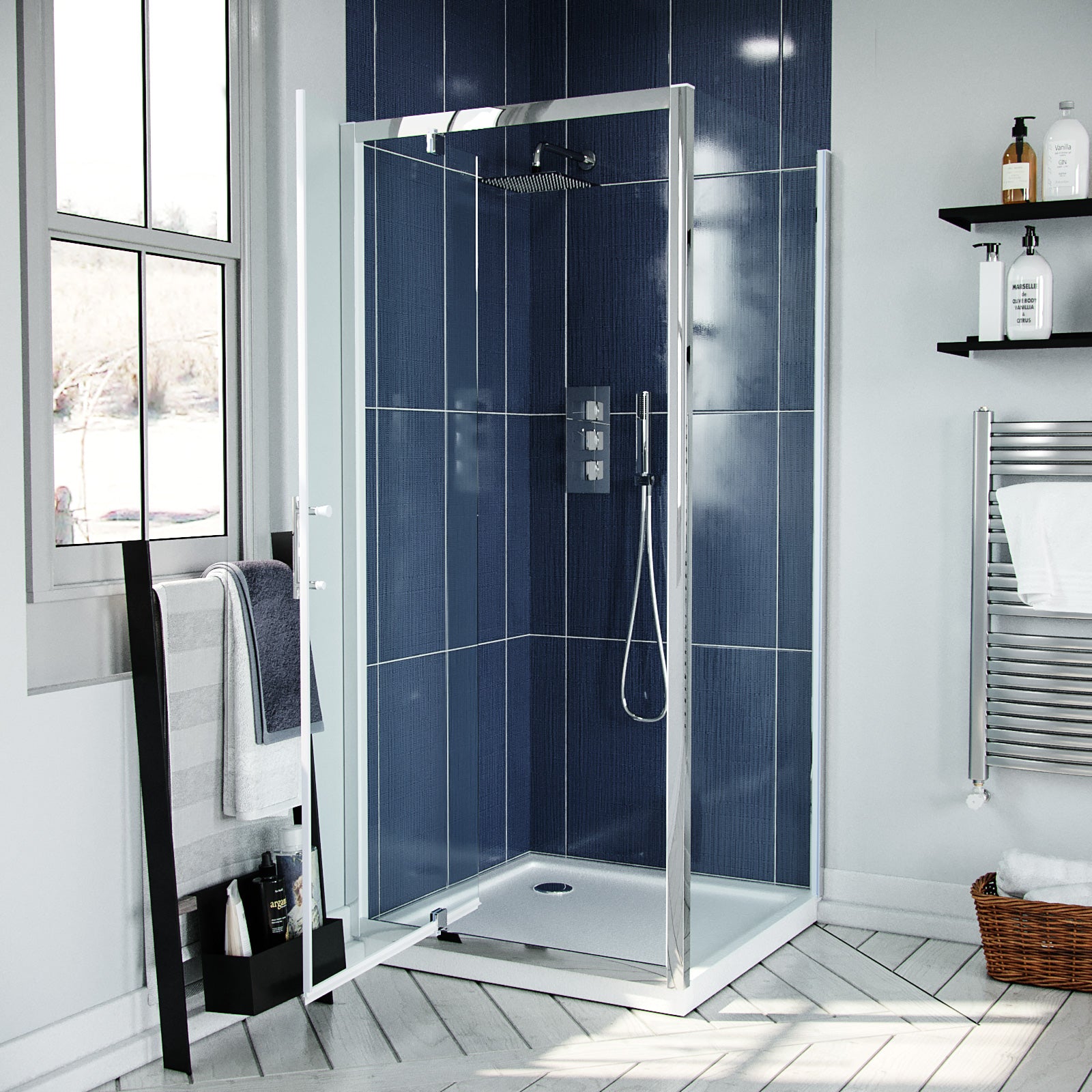 Jupiter 800 x 700mm Pivot Door Shower Enclosure & Side Panel Chrome