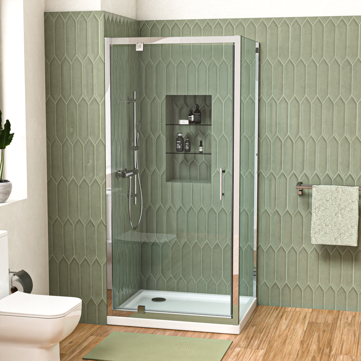 Shower Pivot Door 900mm x 1850mm & 700mm Side Panel with Tray and Waste
