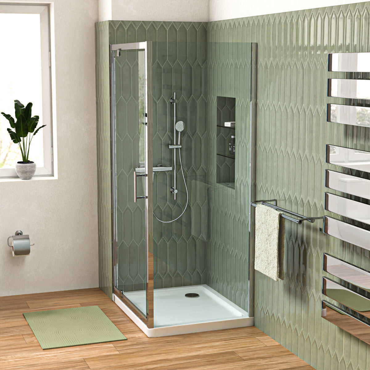 Shower Pivot Door 900mm x 1850mm & 760mm Side Panel with Tray and Waste