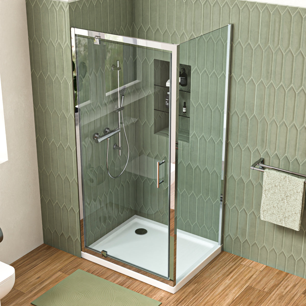 Shower Pivot Door 900mm x 1850mm & 700mm Side Panel with Tray and Waste
