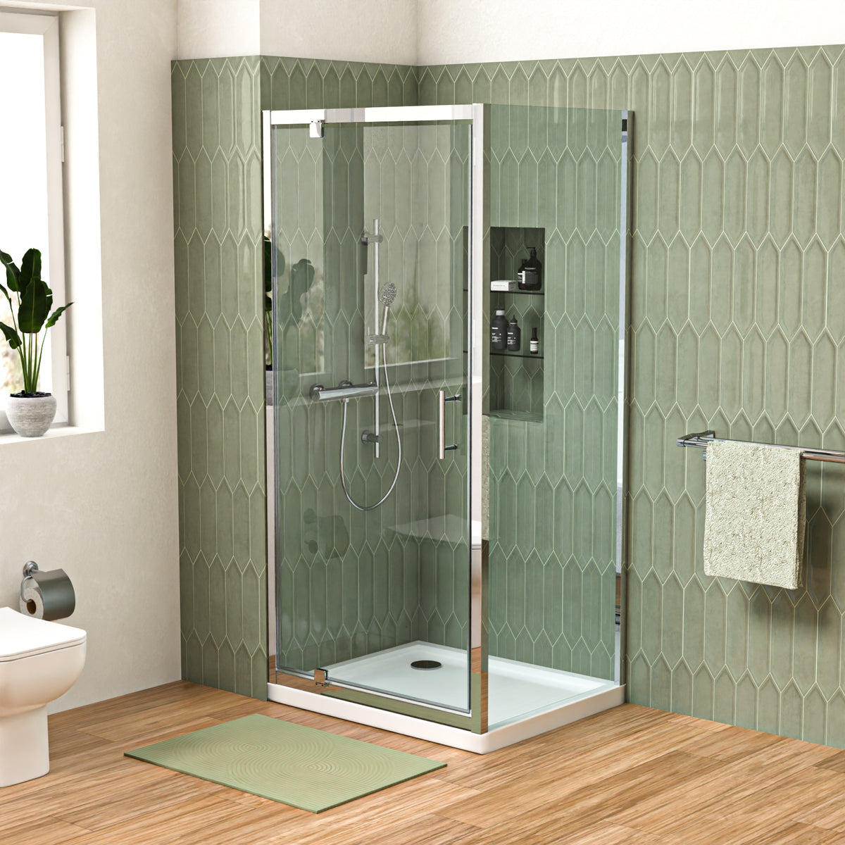 Shower Pivot Door 900mm x 1850mm & 700mm Side Panel with Tray and Waste