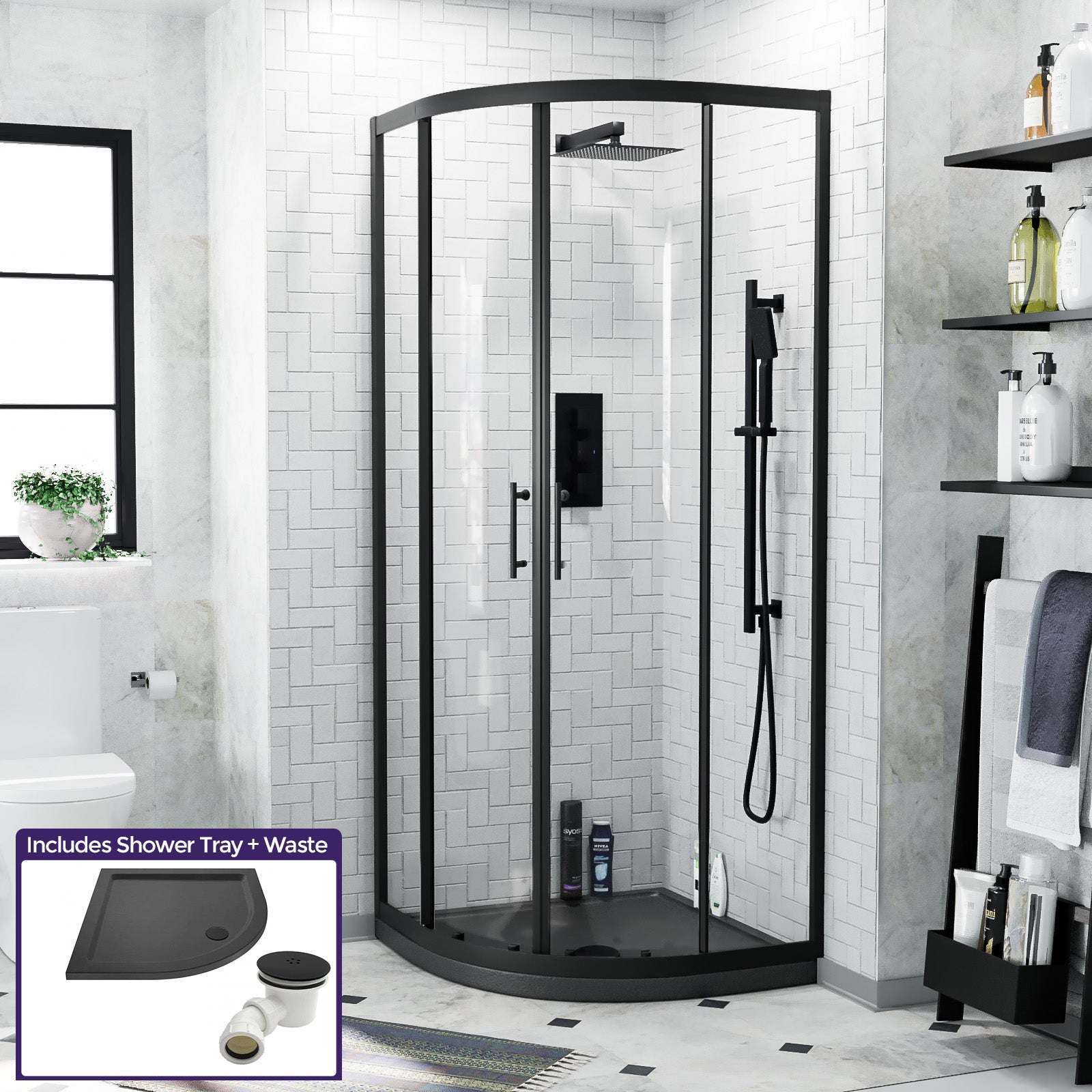 Saturn Matte Black Framed Quadrant Shower Enclosure Set, Shower Tray