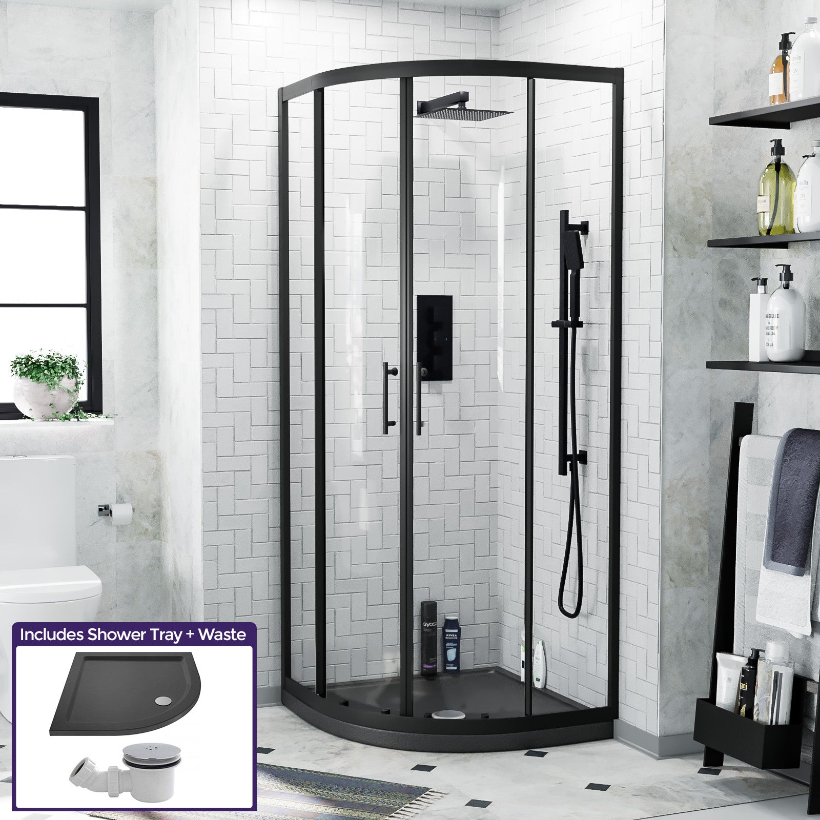 Saturn Quadrant 800mm Shower Enclosure, Tray & Waste Matte Black