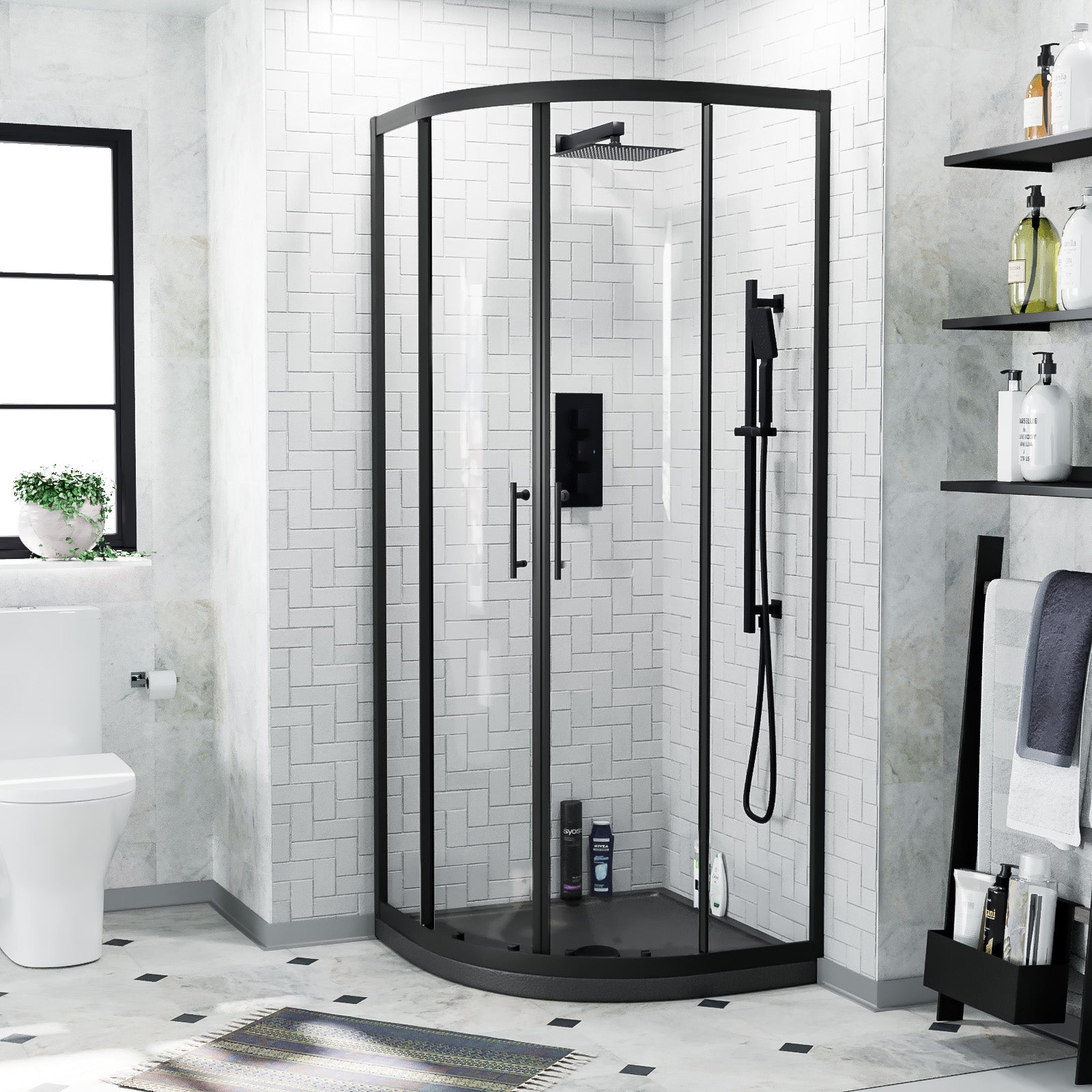 Saturn Matte Black Framed Quadrant Shower Enclosure Set, Shower Tray