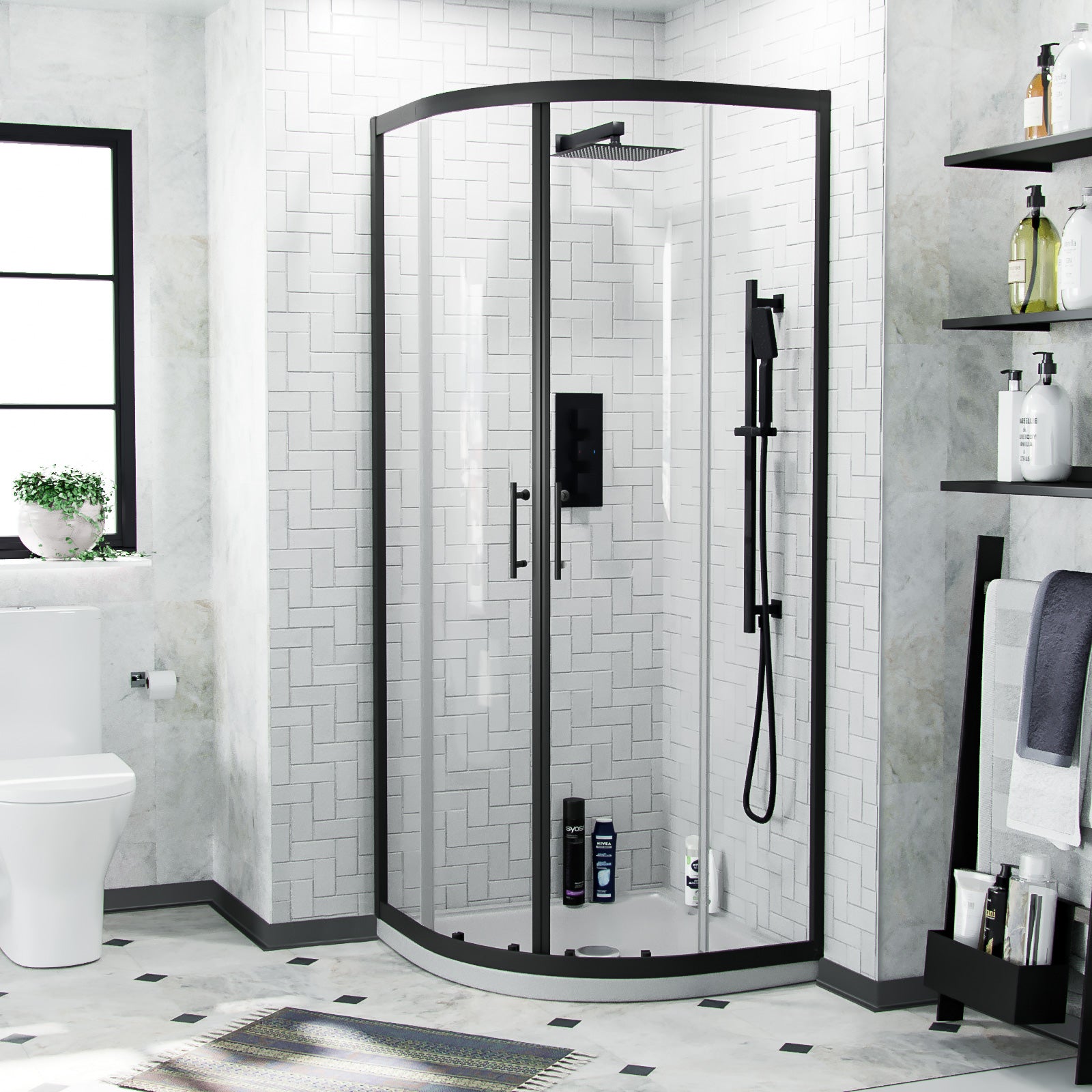 Saturn Matte Black Framed Quadrant Corner Shower Enclosure Set, Shower Tray