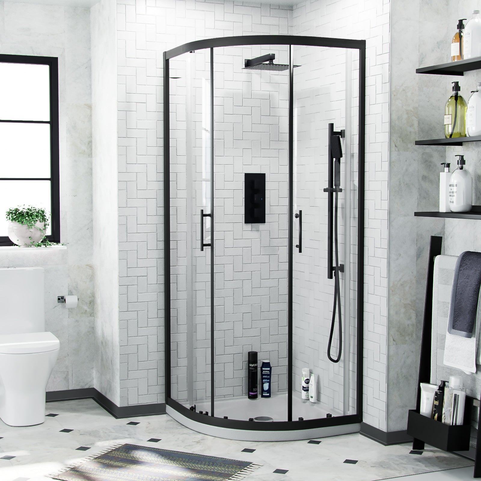 Saturn Matte Black Framed Quadrant Corner Shower Enclosure Set, Shower Tray