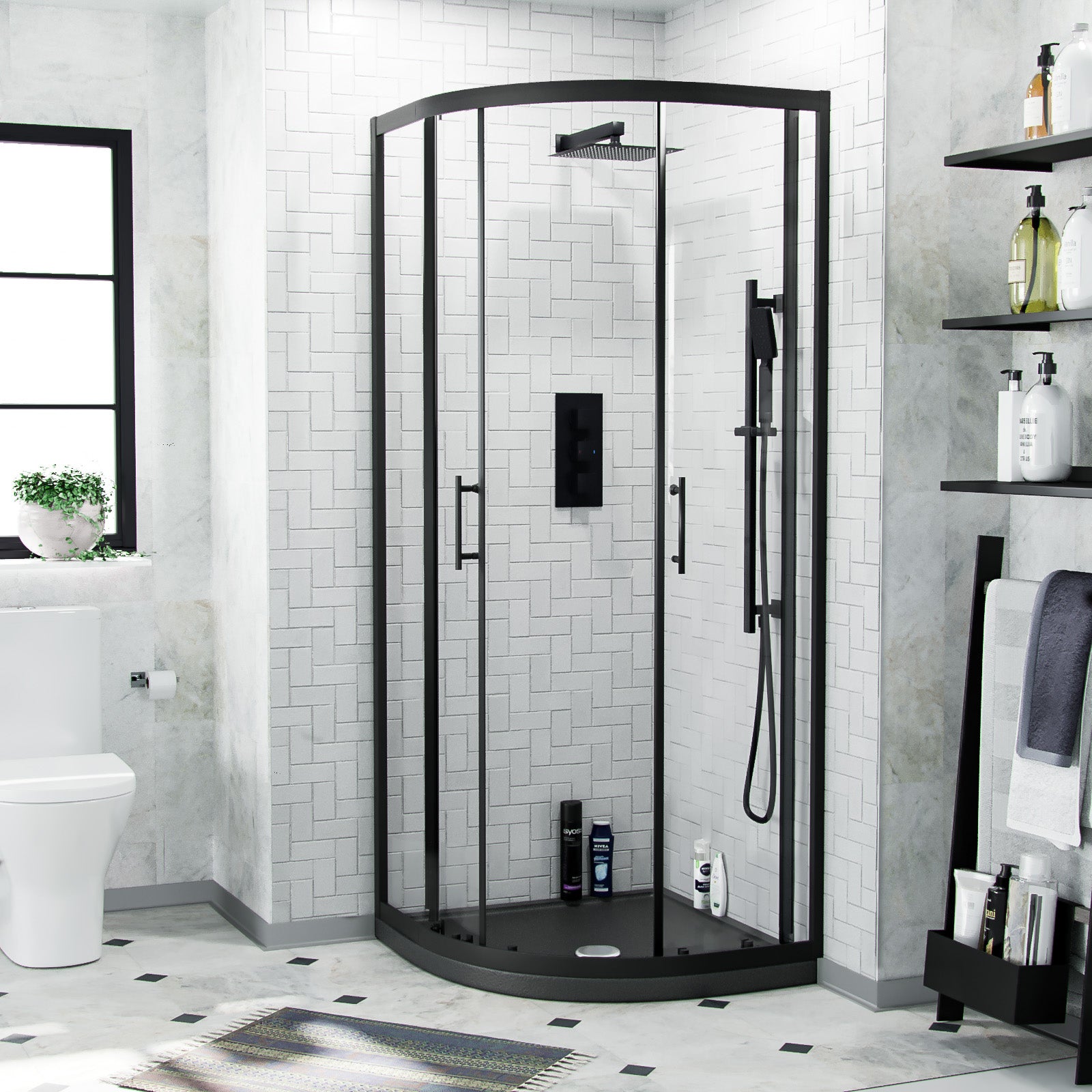 Saturn Matte Black Framed Quadrant Shower Enclosure Set, Shower Tray