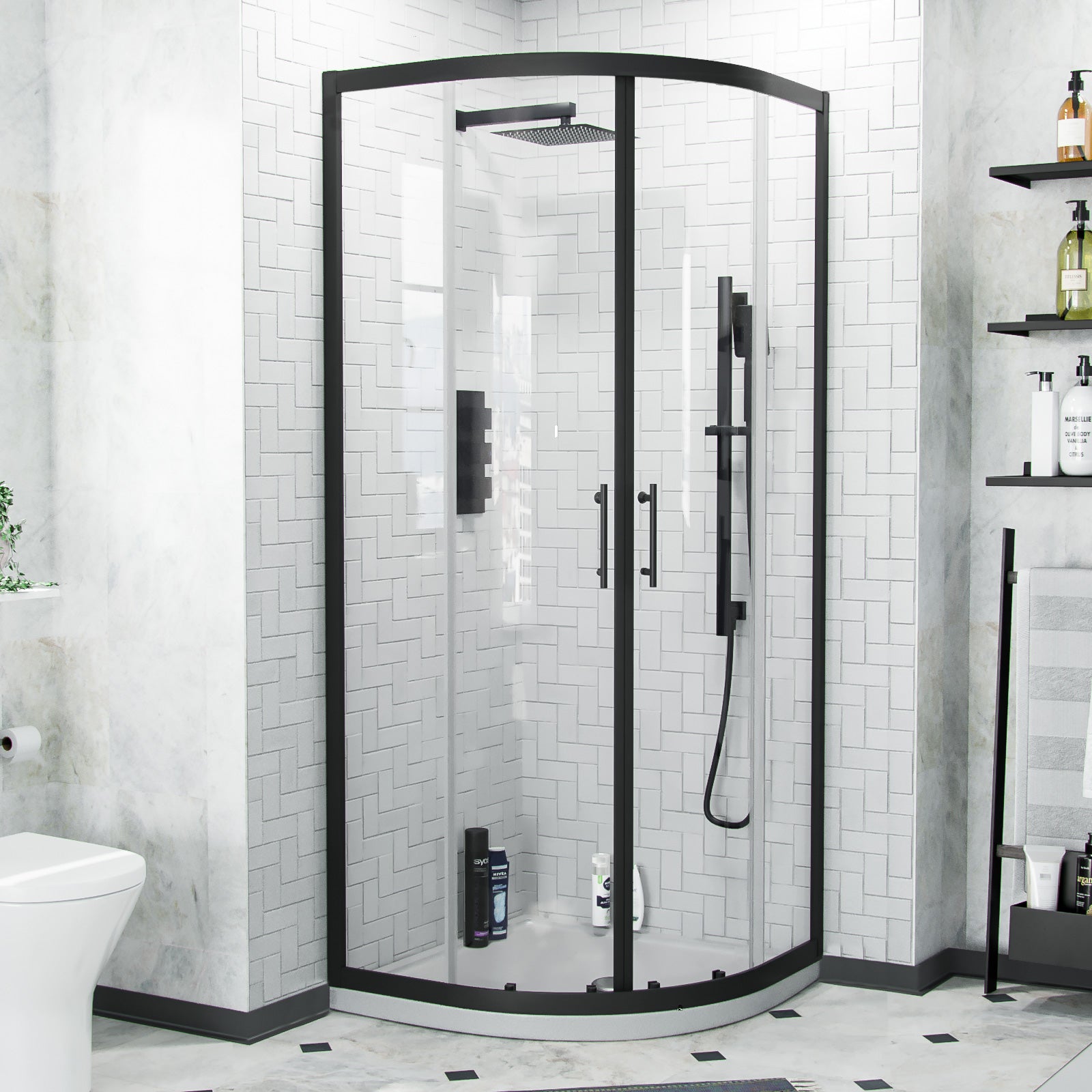 Saturn Matte Black Framed Quadrant Corner Shower Enclosure Set, Shower Tray