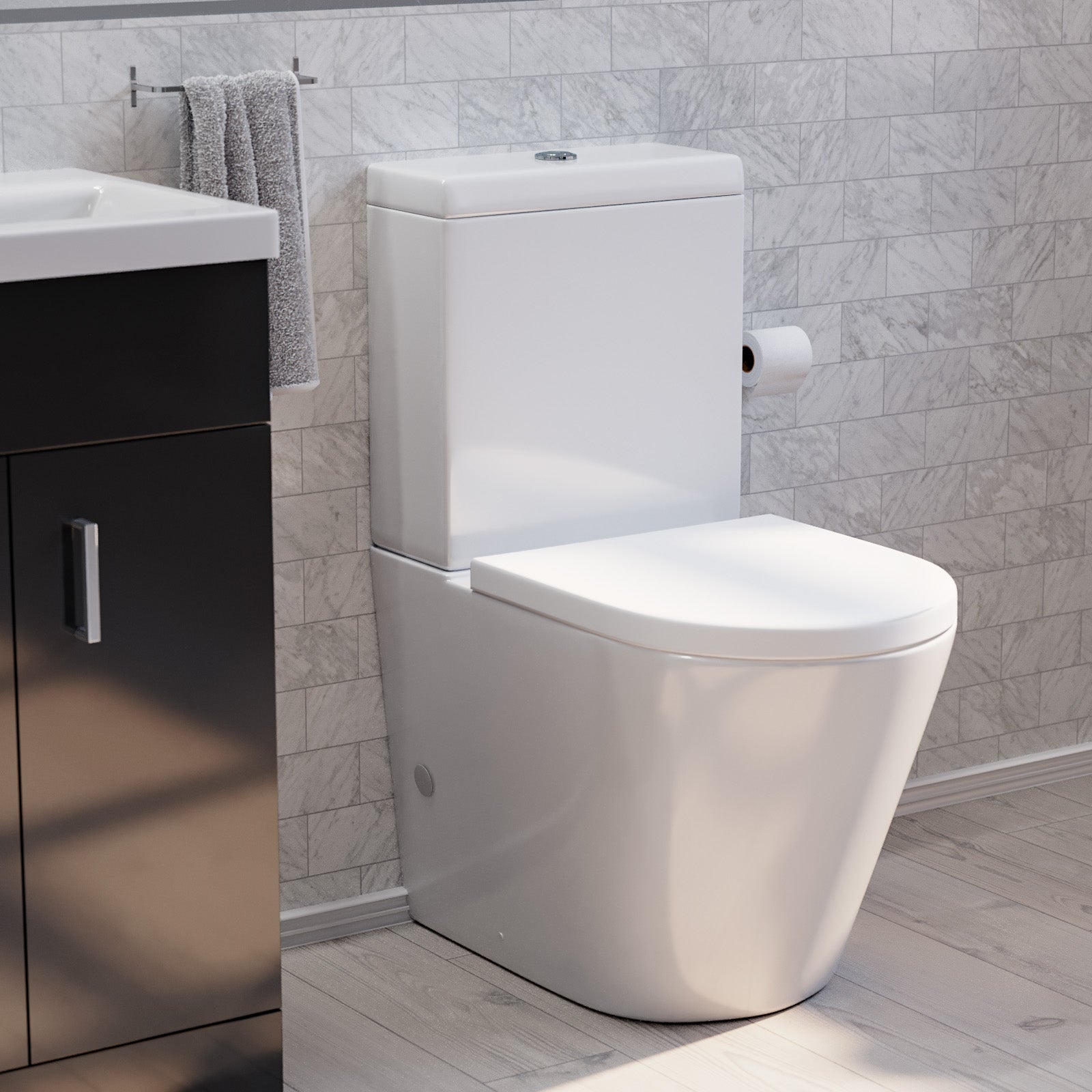 Nanuya 900mm Black Quadrant Shower Enclosure, Dark Grey Basin Vanity & Toilet