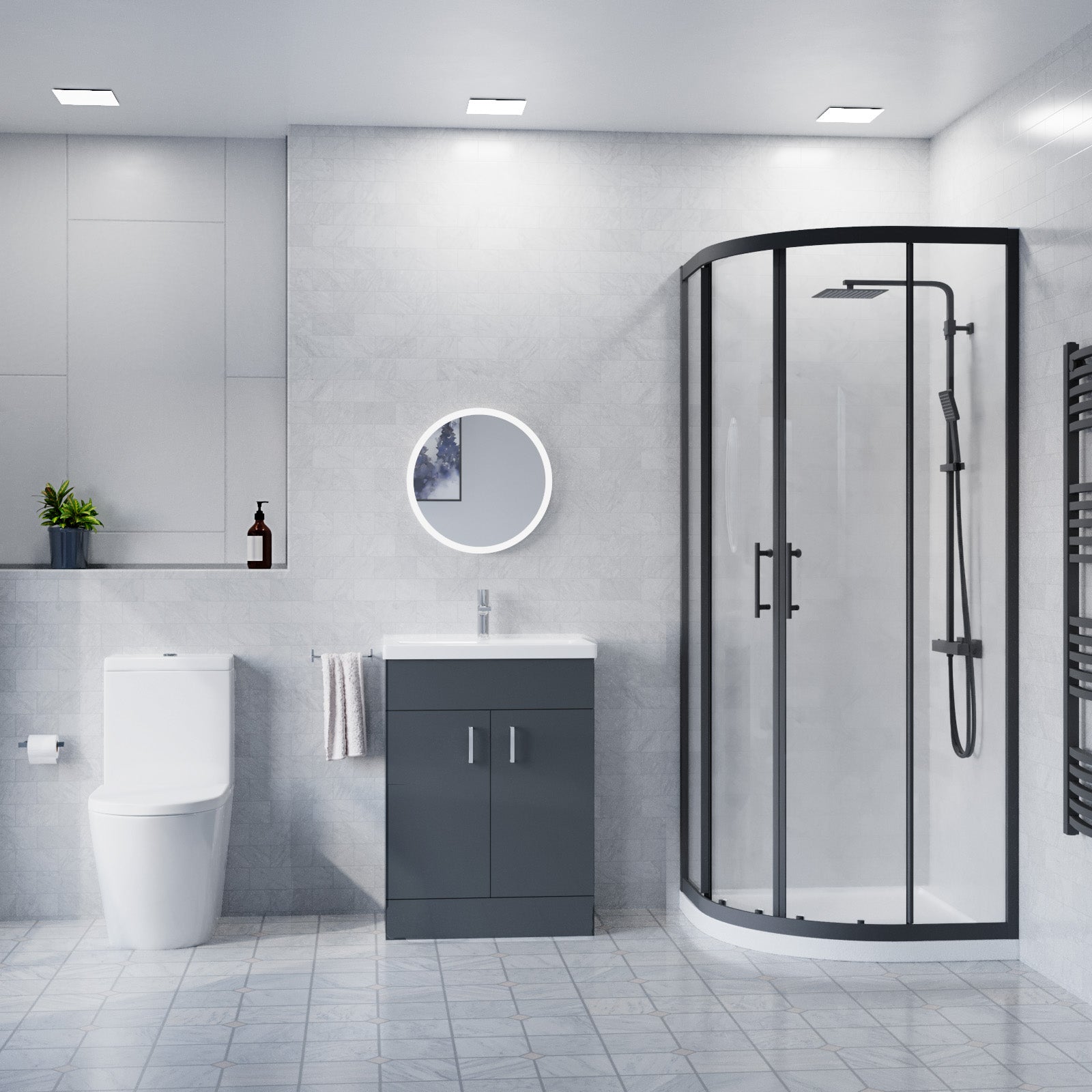 Anthracite 600mm Floor Standing Cabinet With Ceramic Basin & Toilet, 800mm Quadrant Screen