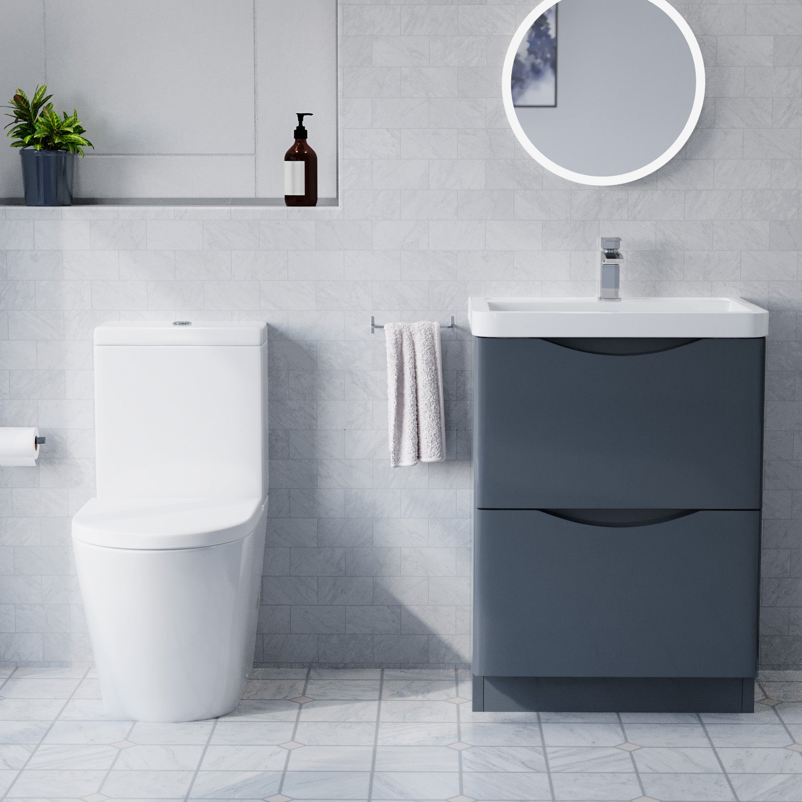 600mm Floor Standing Vanity With Ceramic Basin, Close Coupled Toilet & Quadrant Screen