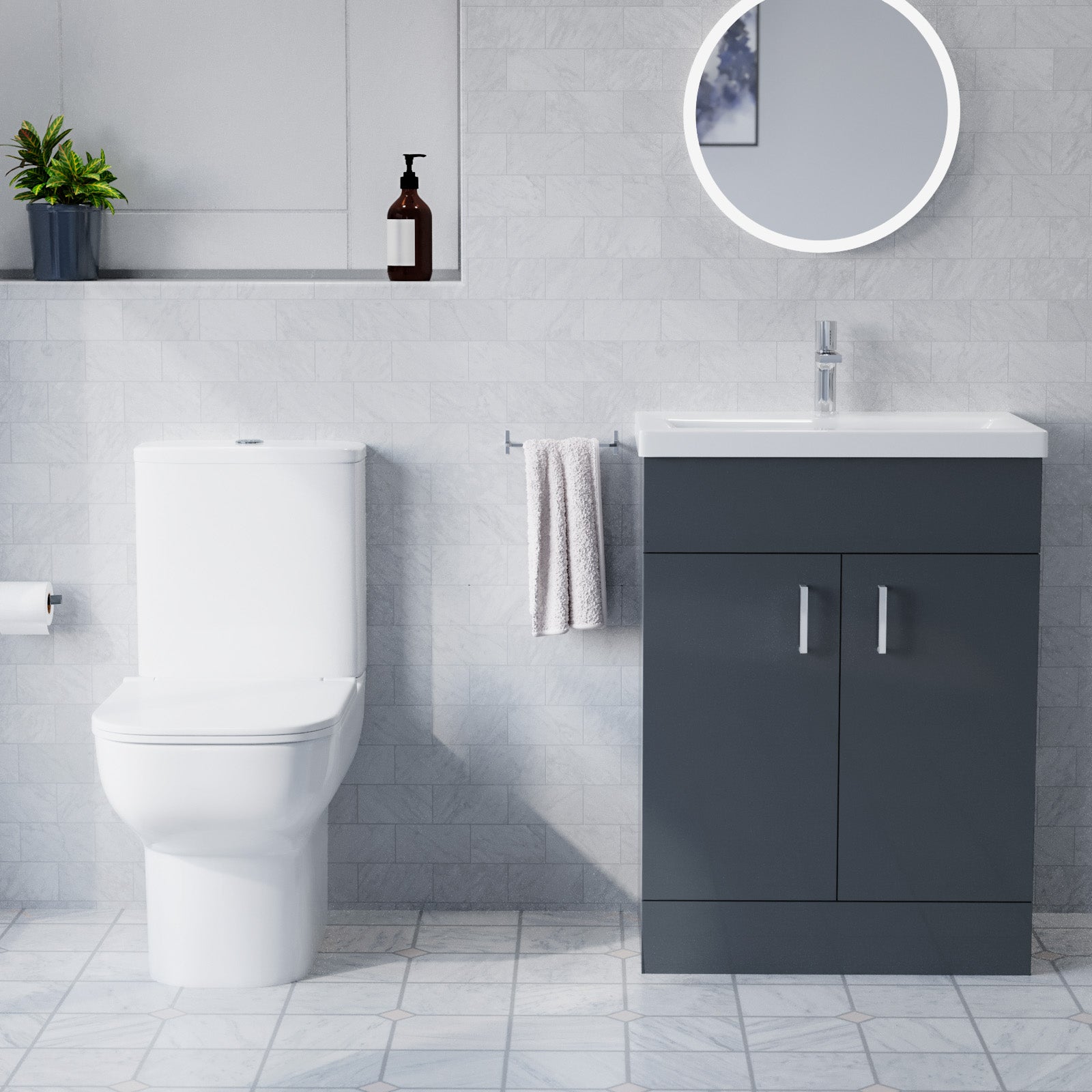 600mm Floor Standing Anthracite Cabinet With Basin & Toilet, 800mm Quadrant Screen