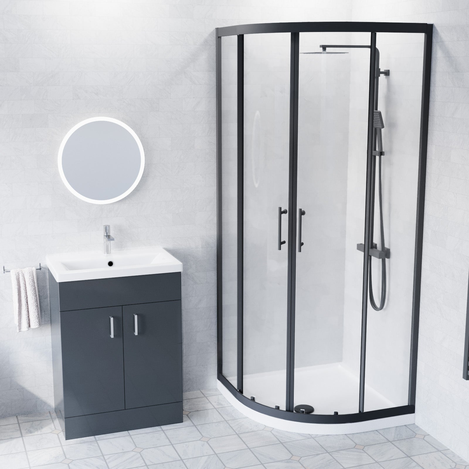 600mm Floorstanding Anthracite Cabinet With Basin & Square Rimless Toilet, 800mm Shower Screen