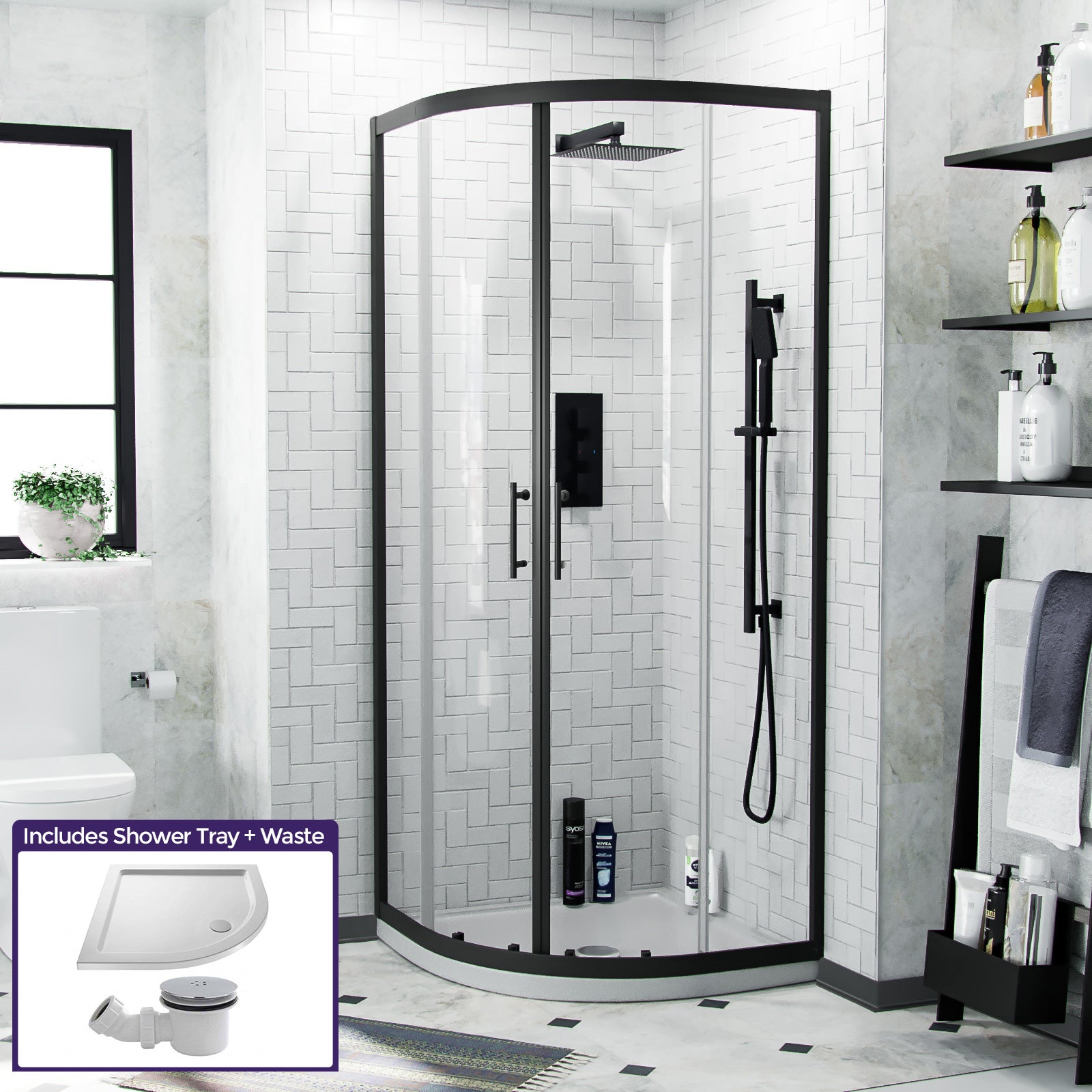 Saturn Matte Black Framed Quadrant Corner Shower Enclosure Set, Shower Tray