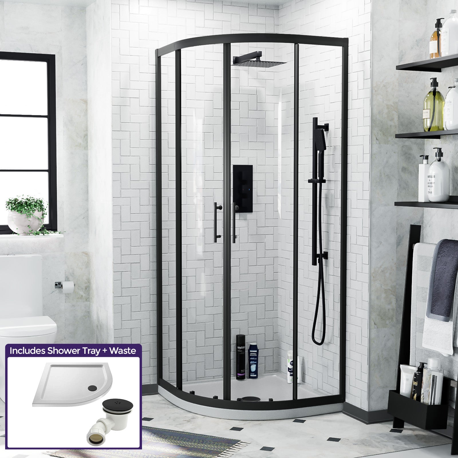 Saturn Matte Black Framed Quadrant Corner Shower Enclosure Set, Shower Tray