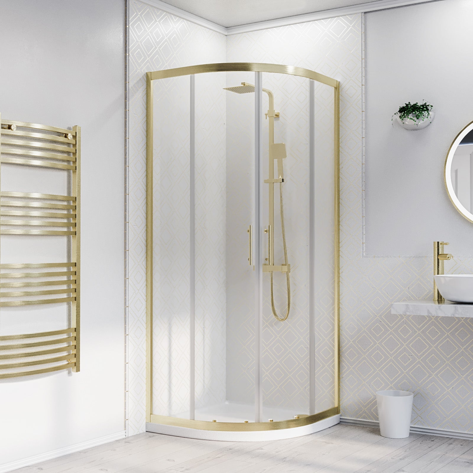 900 x 900mm Quadrant Shower Enclosure Brushed Brass with Shower Tray