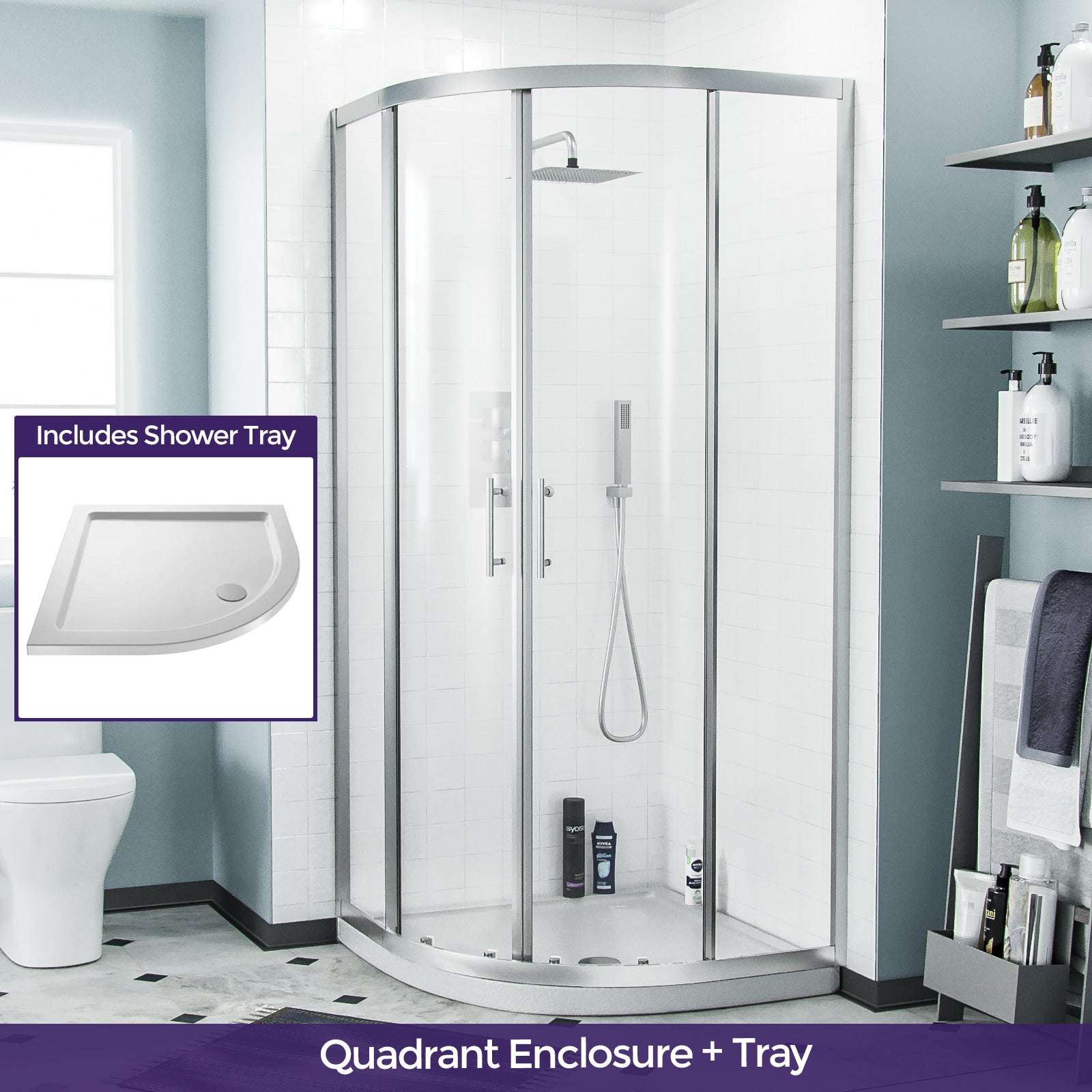 Saturn Quadrant 900mm Curved Corner Shower Enclosure and Low Profile Tray
