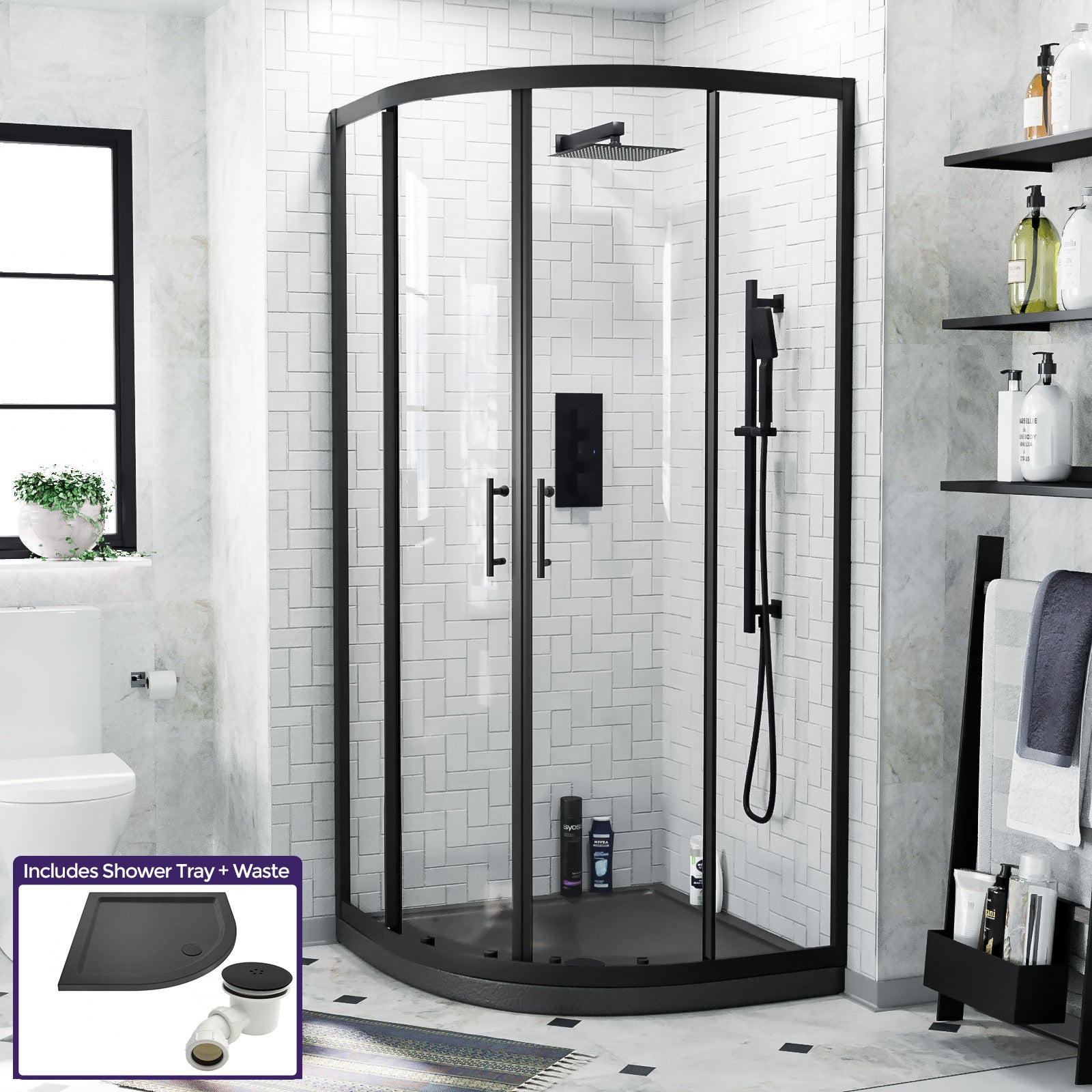 Saturn Quadrant 900mm Shower Enclosure, Tray & Waste Matte Black