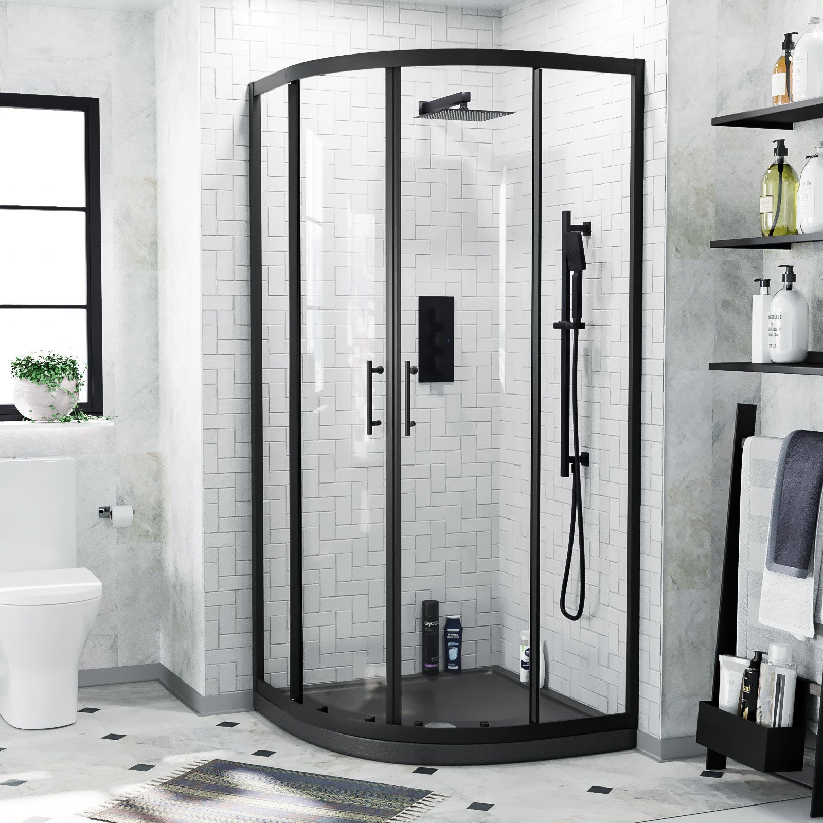 Saturn Matte Black Framed Quadrant Shower Enclosure Set, Shower Tray