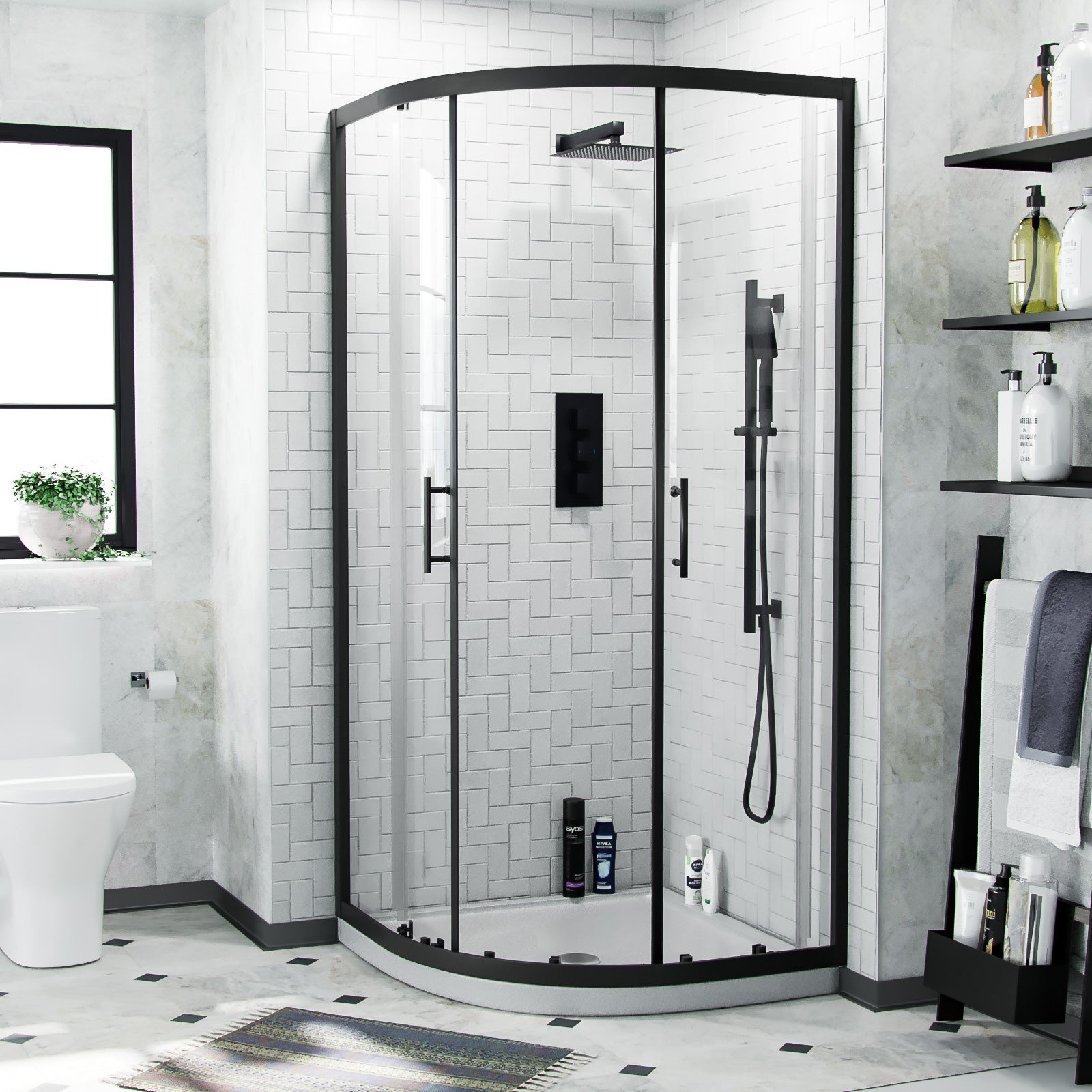 Saturn Matte Black Framed Quadrant Corner Shower Enclosure Set, Shower Tray