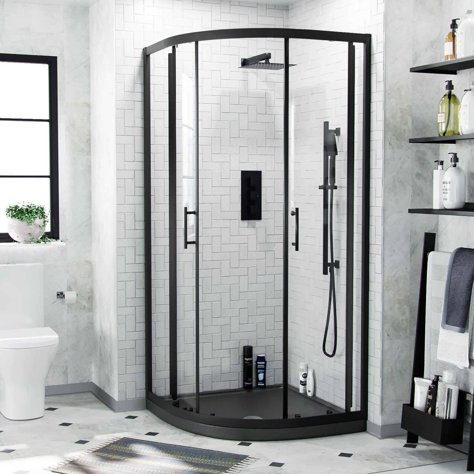 Saturn Quadrant 900mm Shower Enclosure, Tray & Waste Matte Black