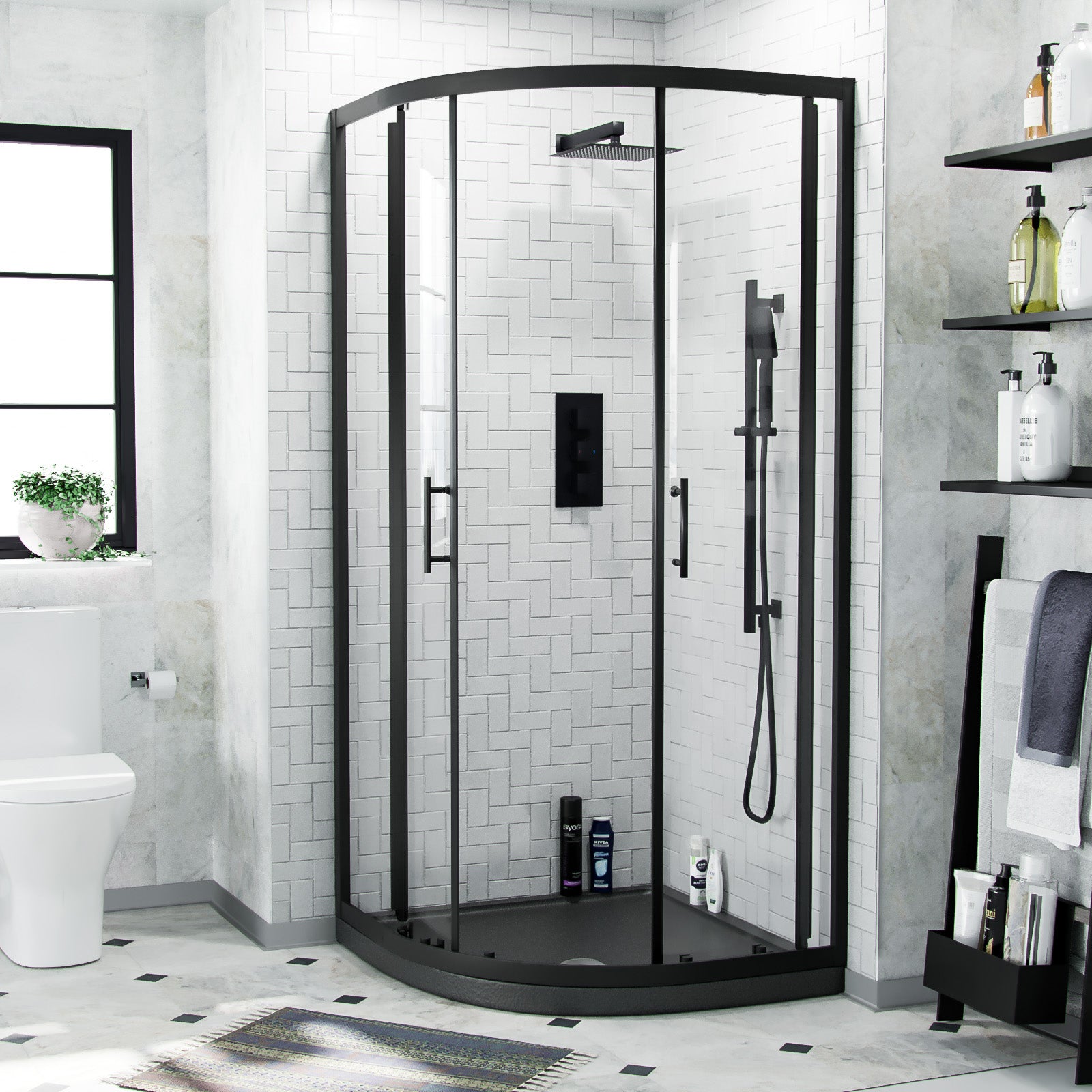 Saturn Matte Black Framed Quadrant Shower Enclosure Set, Shower Tray