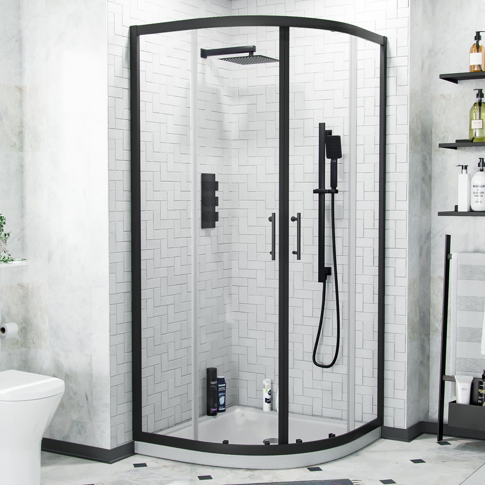 Saturn Matte Black Framed Quadrant Corner Shower Enclosure Set, Shower Tray