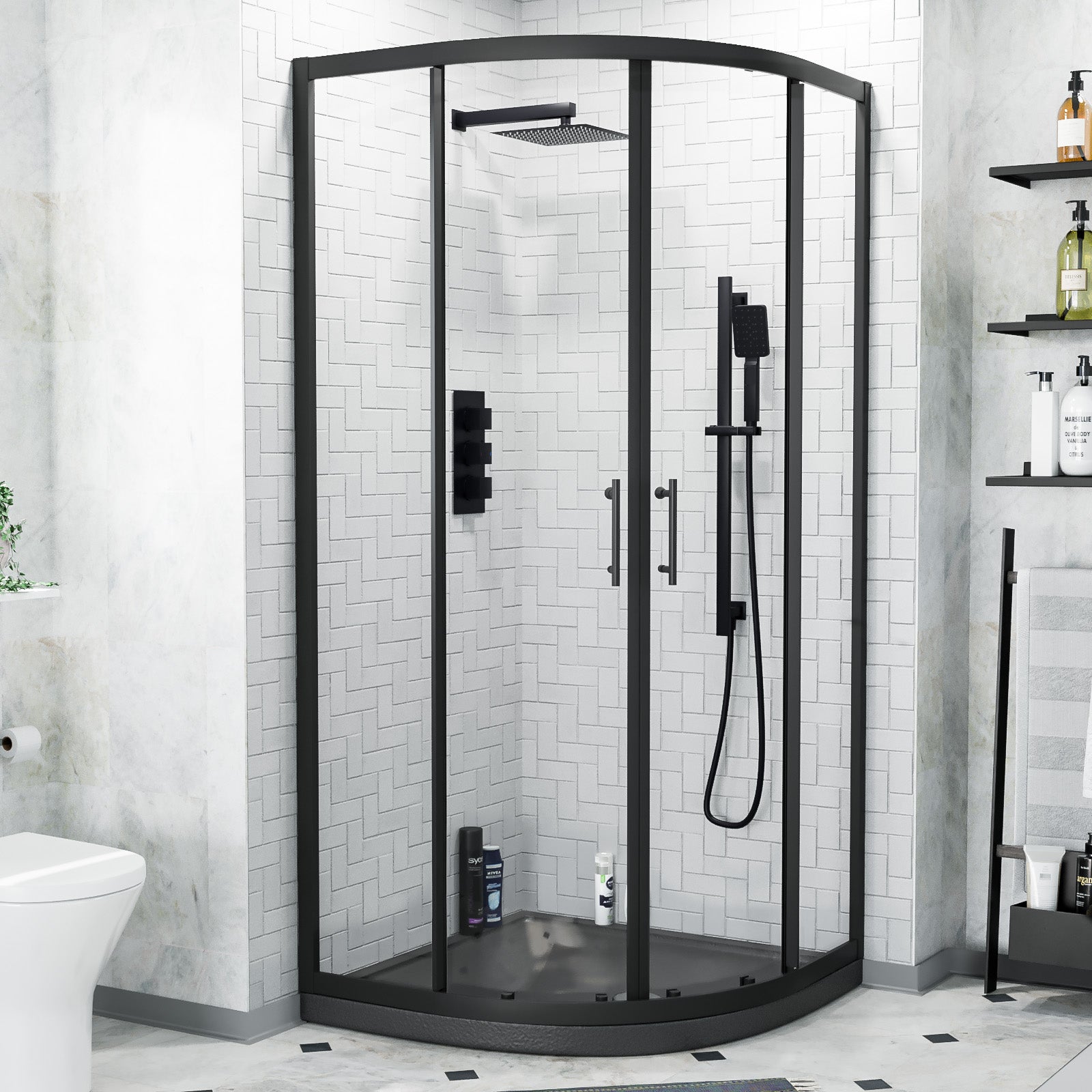 Saturn Matte Black Framed Quadrant Shower Enclosure Set, Shower Tray