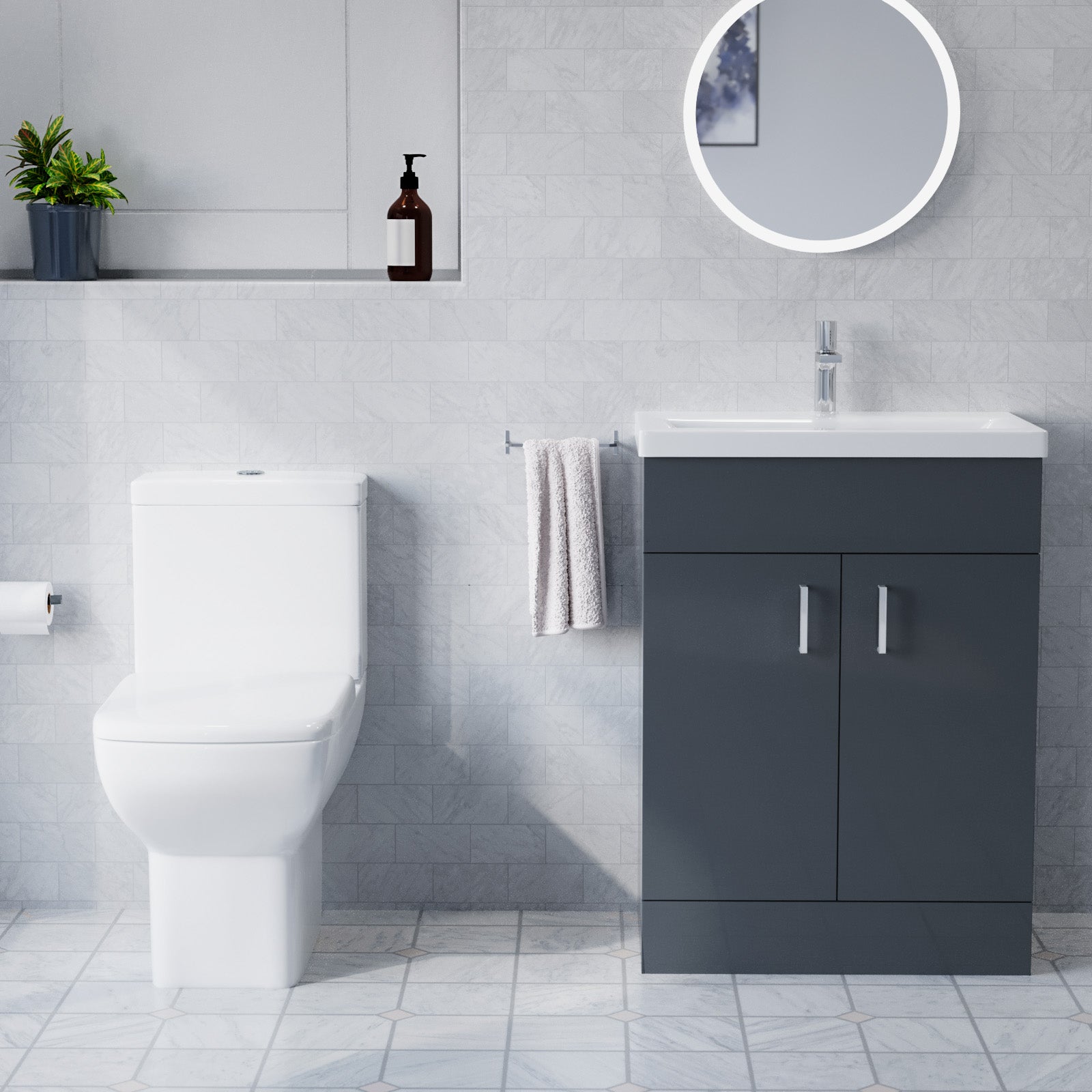 600mm Floorstanding Anthracite Cabinet With Basin & Square Rimless Toilet, 900mm Shower Screen