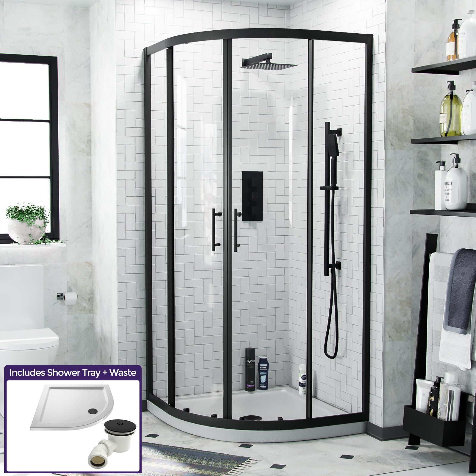 Saturn Matte Black Framed Quadrant Corner Shower Enclosure Set, Shower Tray