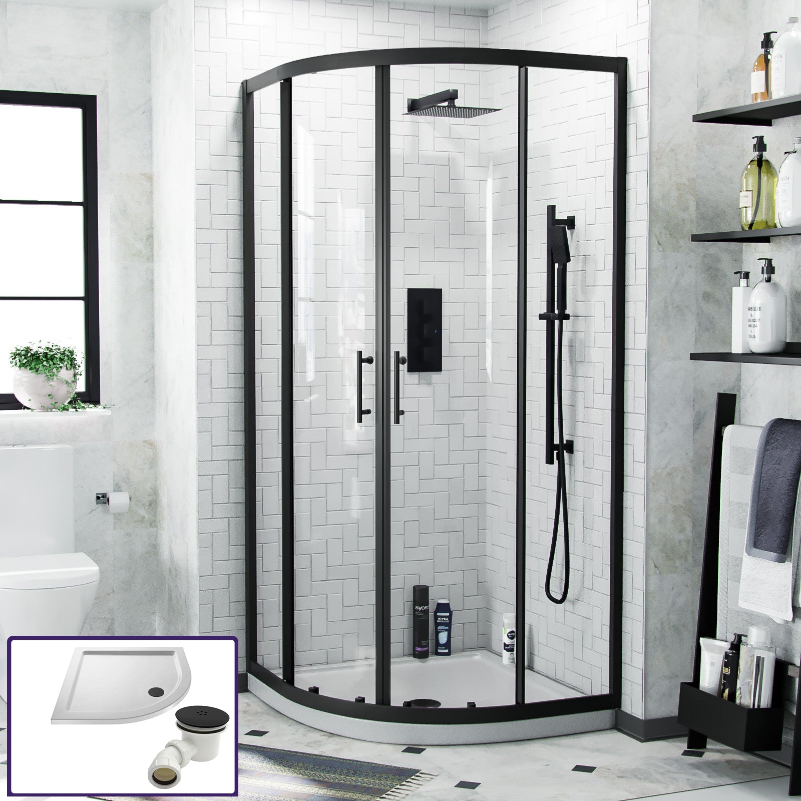 Saturn Black Framed Quadrant 900mm Corner Shower Enclosure & Tray