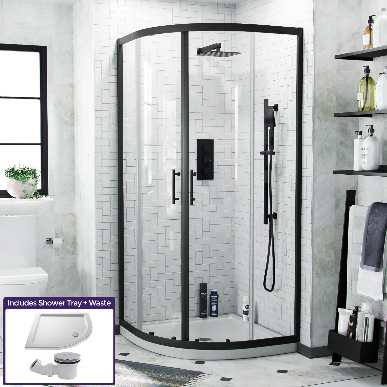 Saturn Matte Black Framed Quadrant Corner Shower Enclosure Set, Shower Tray