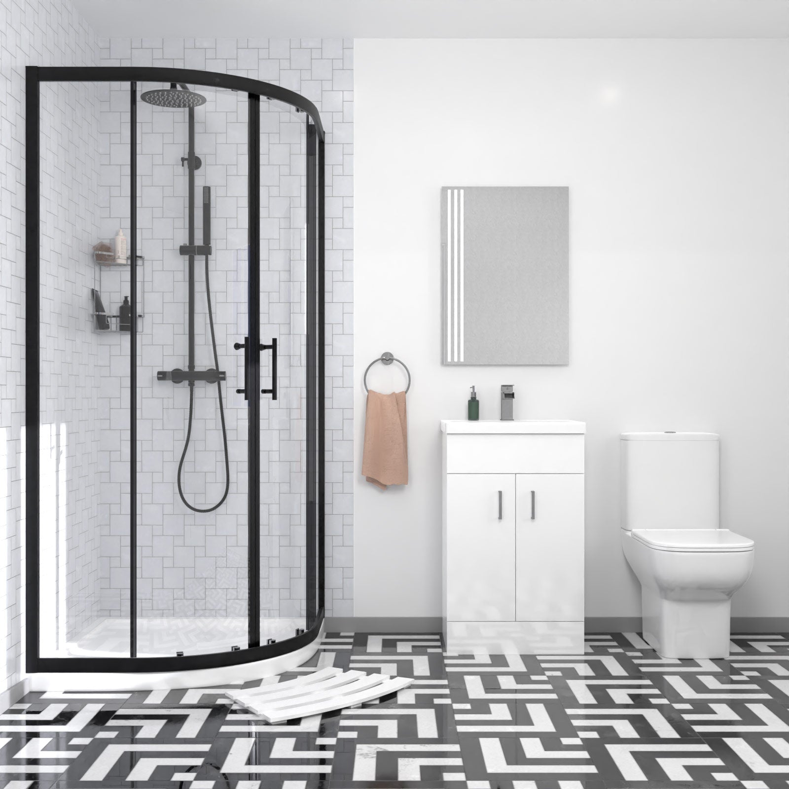 Nanuya Matte Black Quadrant Shower Enclosure with Basin Vanity, Close Coupled Toilet