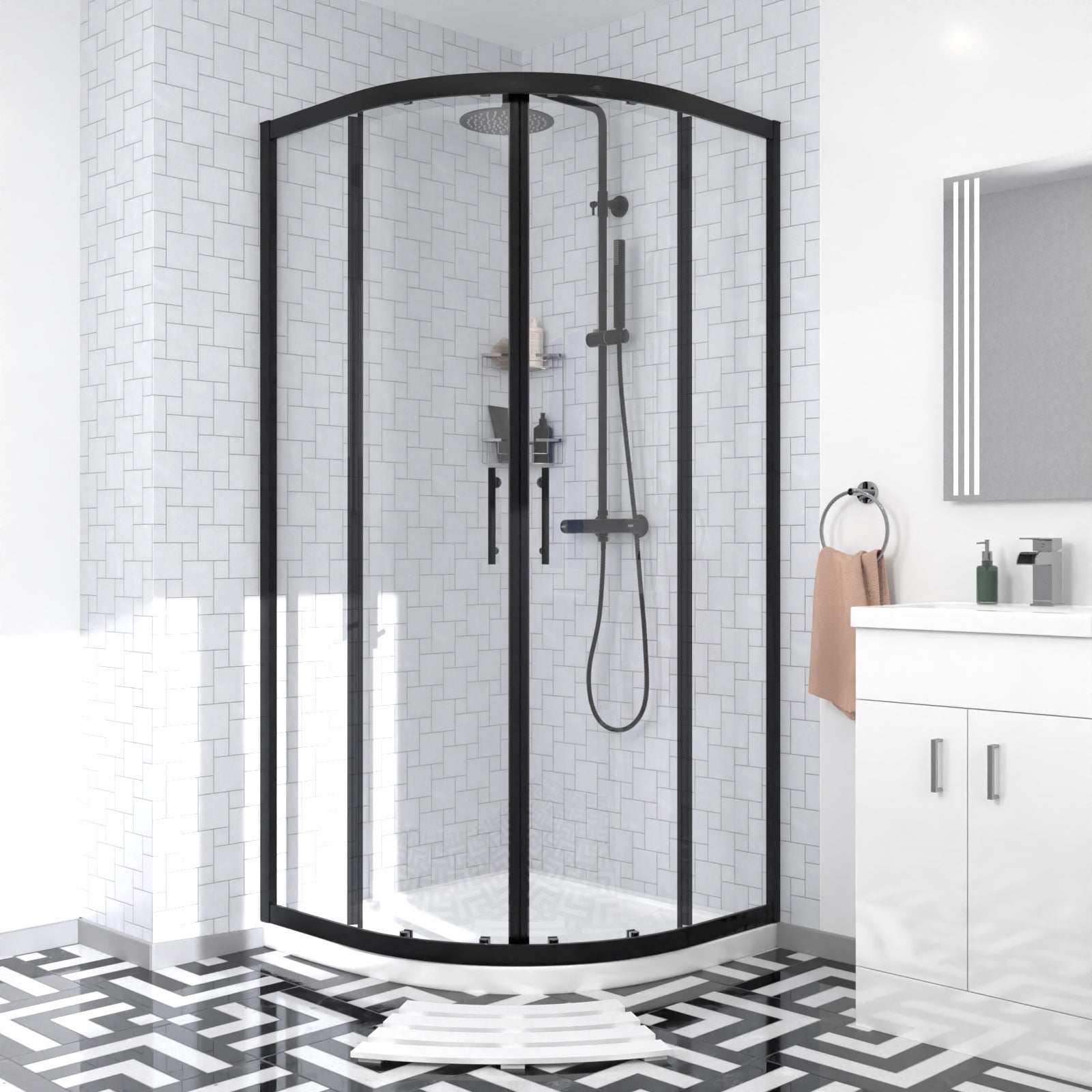 Nanuya Matte Black Quadrant Shower Enclosure with Basin Vanity, Close Coupled Toilet